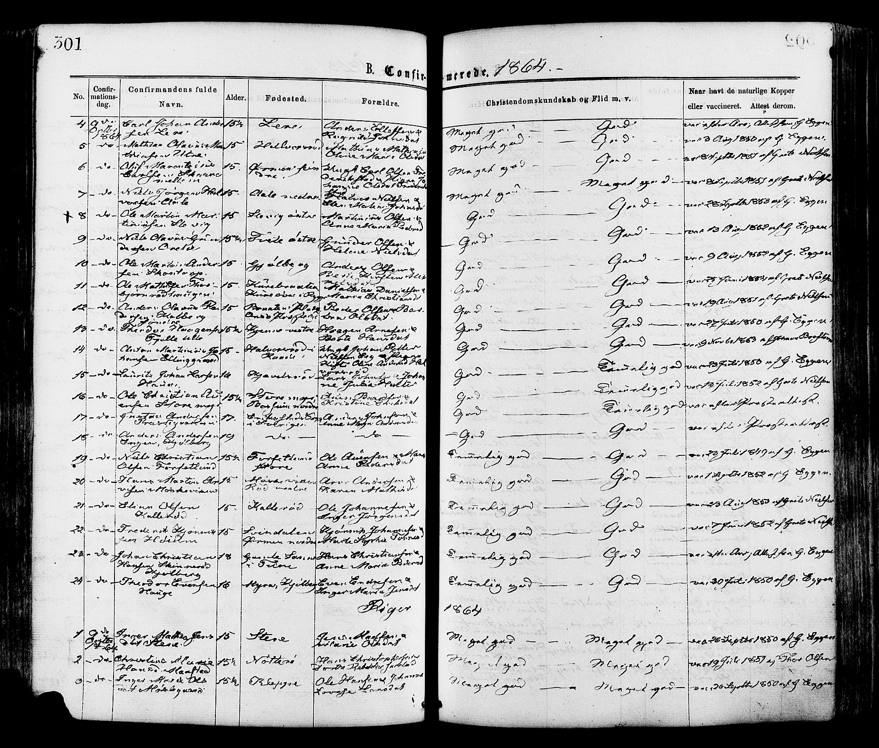 Onsøy prestekontor Kirkebøker, AV/SAO-A-10914/F/Fa/L0004: Parish register (official) no. I 4, 1861-1877, p. 301