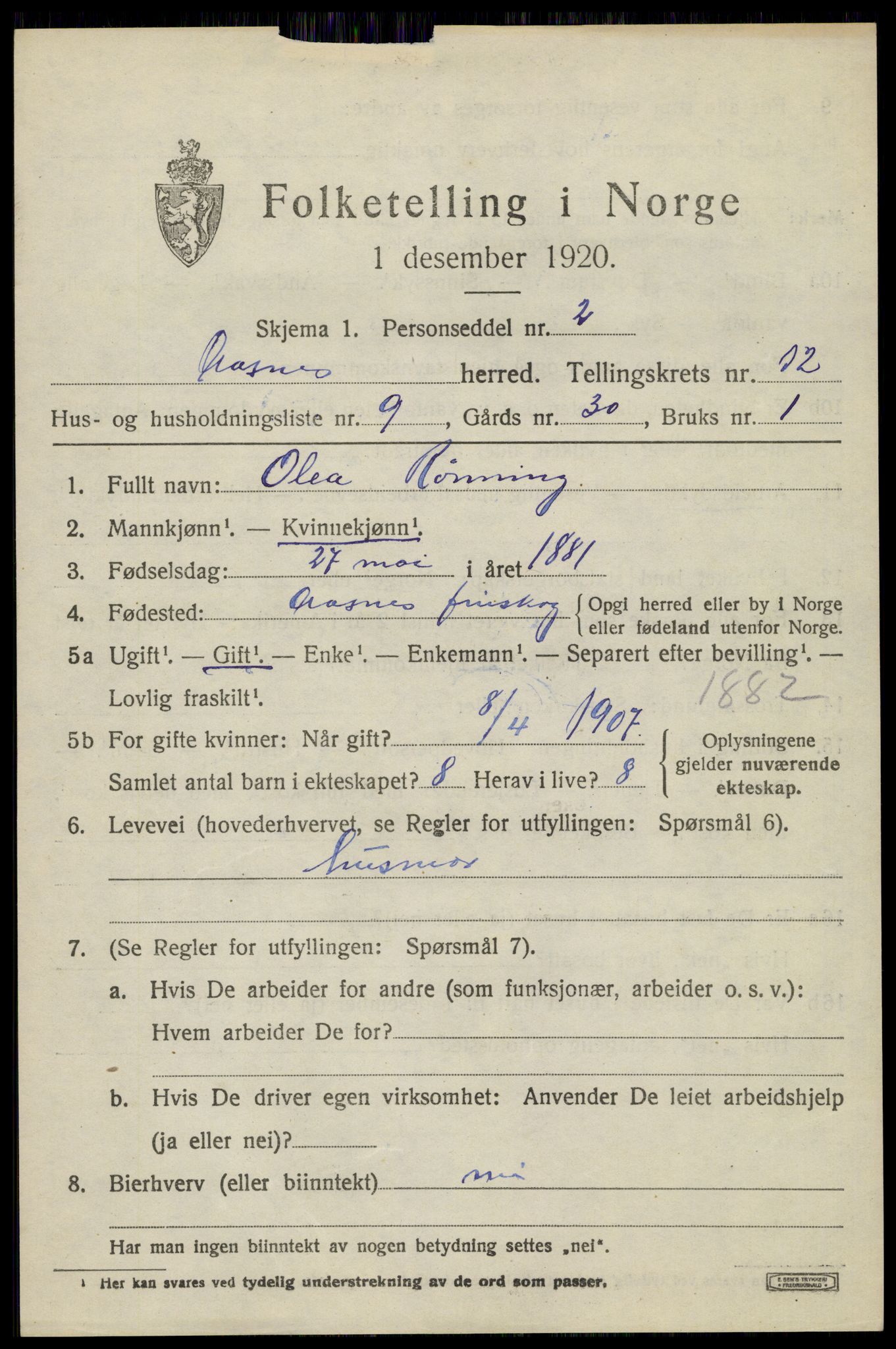 SAH, 1920 census for Åsnes, 1920, p. 12344