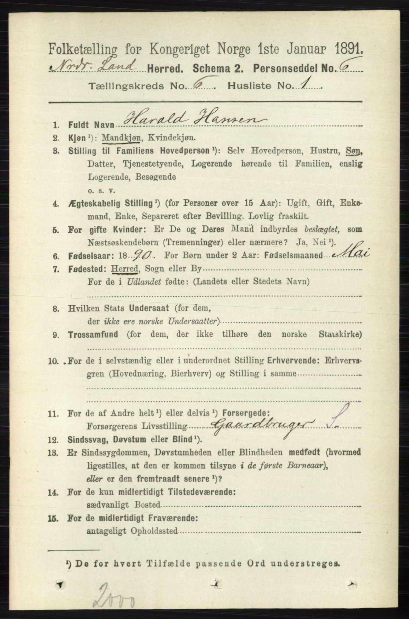 RA, 1891 census for 0538 Nordre Land, 1891, p. 1786