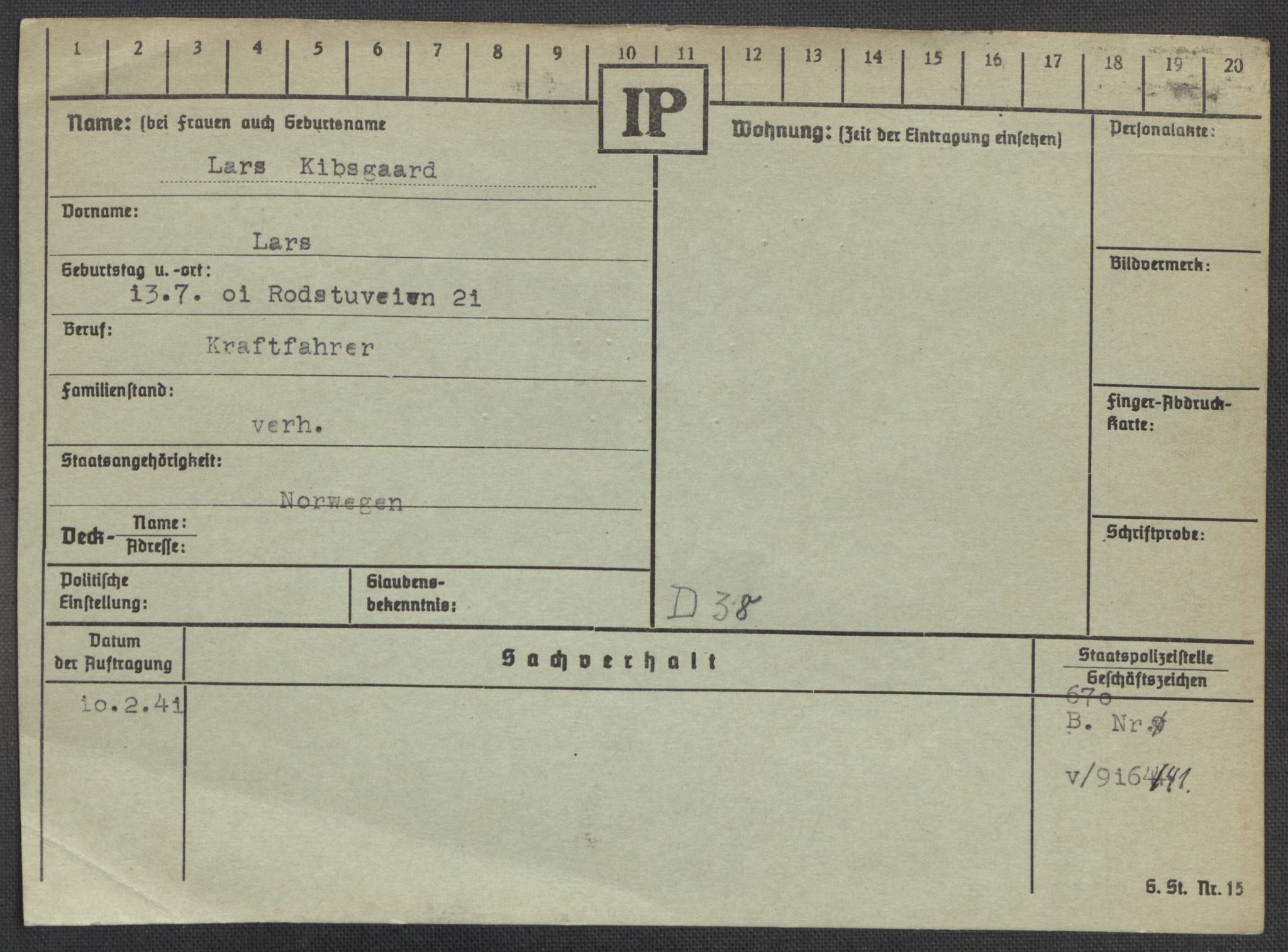 Befehlshaber der Sicherheitspolizei und des SD, RA/RAFA-5969/E/Ea/Eaa/L0005: Register over norske fanger i Møllergata 19: Hø-Kj, 1940-1945, p. 1323
