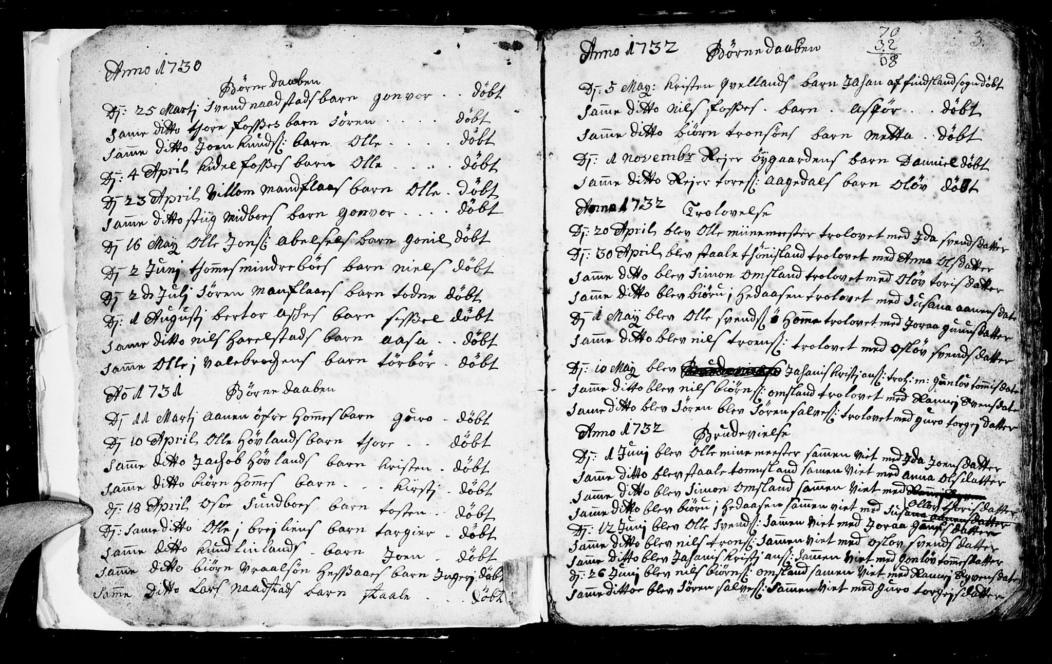 Bjelland sokneprestkontor, SAK/1111-0005/F/Fb/Fba/L0001: Parish register (copy) no. B 1, 1727-1752, p. 3