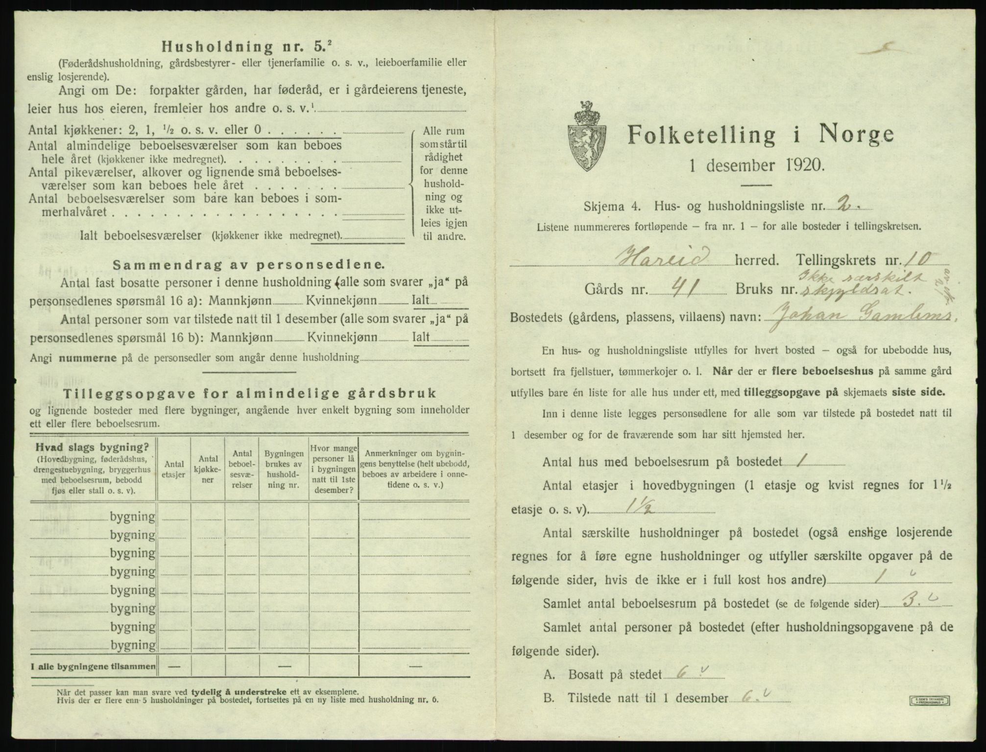 SAT, 1920 census for Hareid, 1920, p. 483