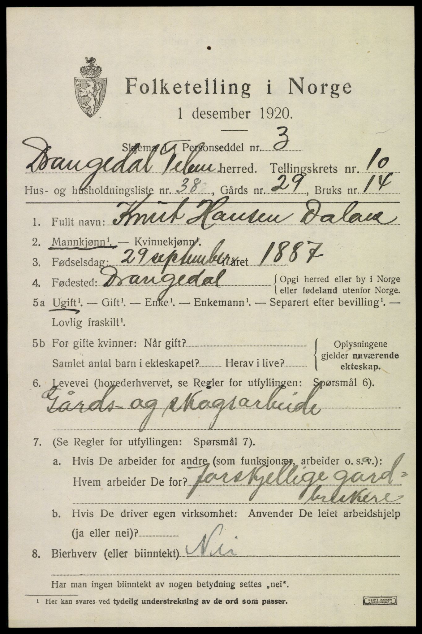 SAKO, 1920 census for Drangedal, 1920, p. 6613