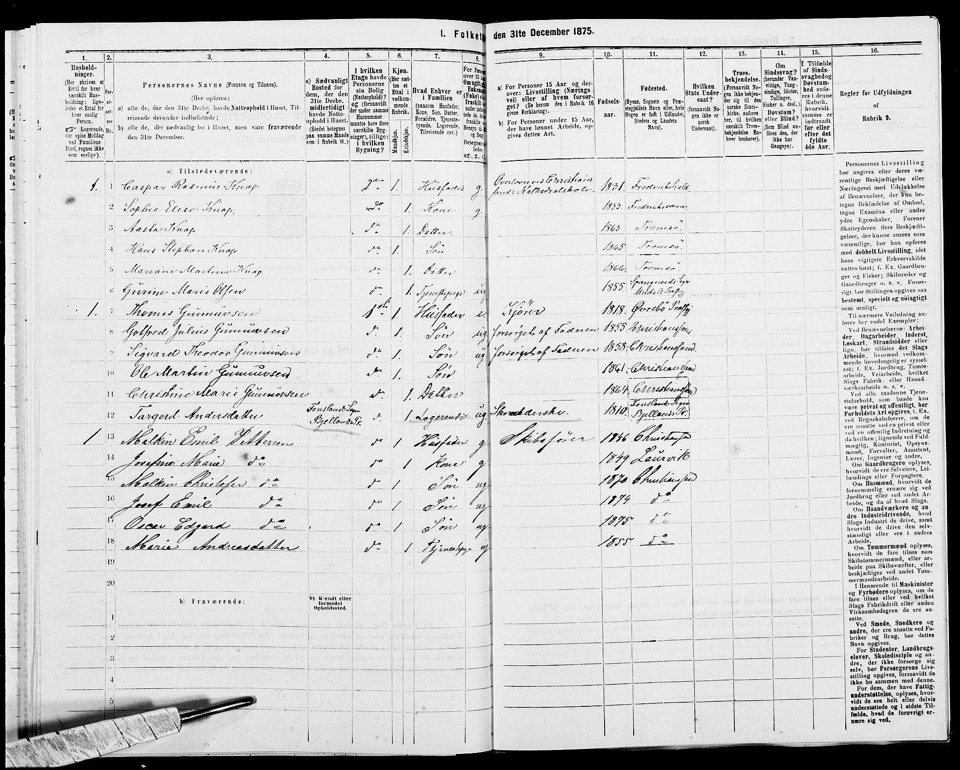 SAK, 1875 census for 1001P Kristiansand, 1875, p. 2096