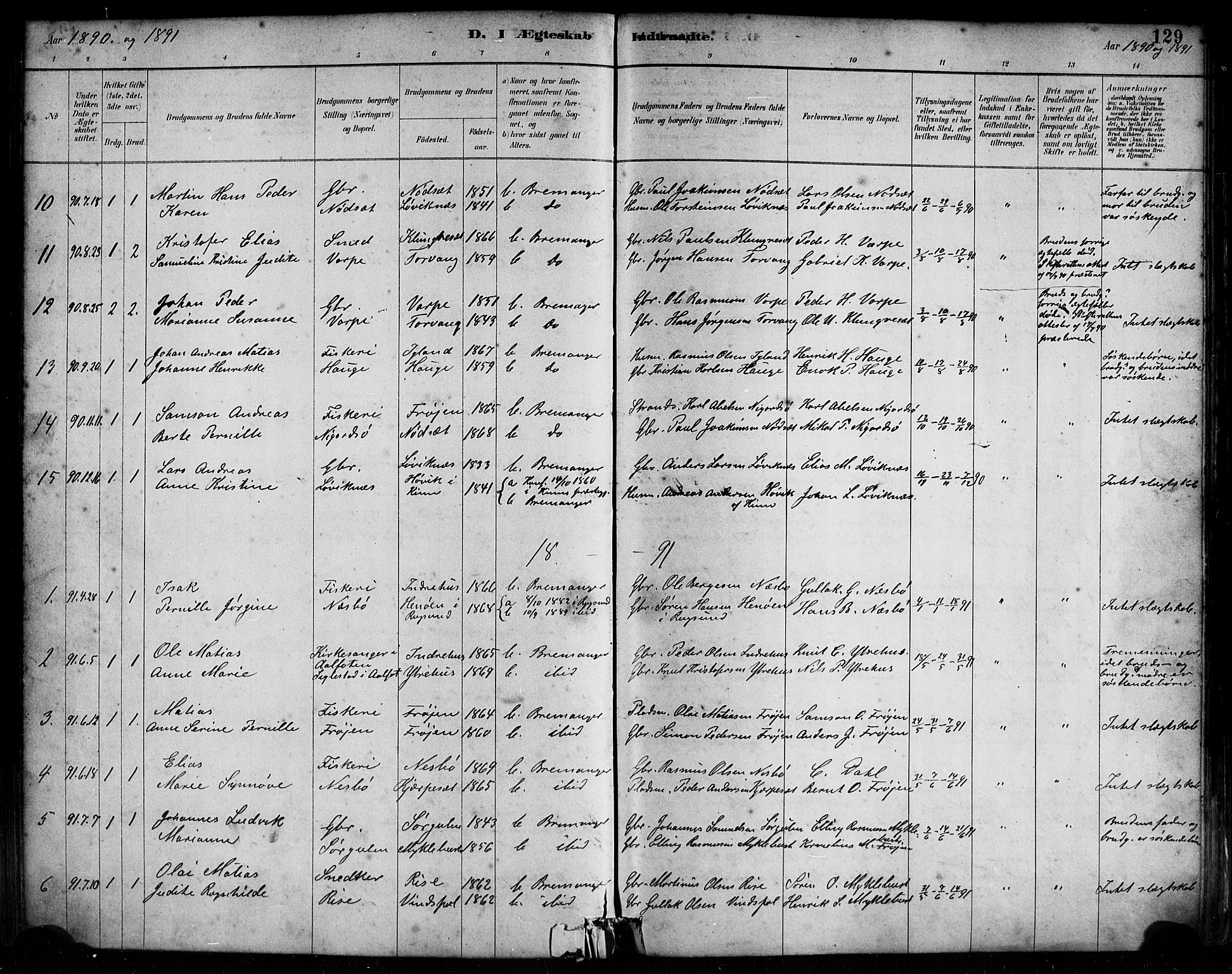 Bremanger sokneprestembete, SAB/A-82201/H/Haa/Haab/L0001: Parish register (official) no. B 1, 1884-1895, p. 129