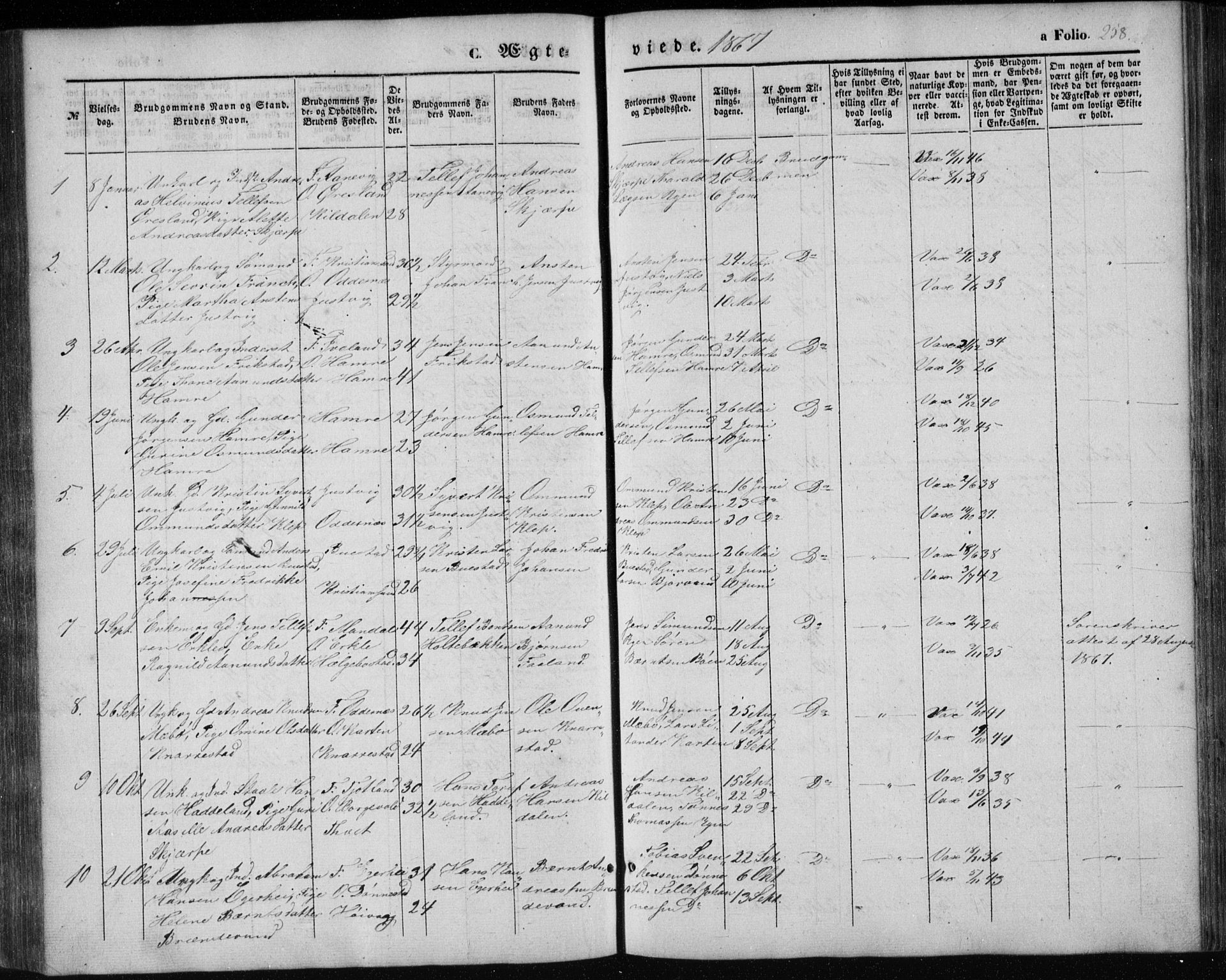 Tveit sokneprestkontor, AV/SAK-1111-0043/F/Fb/L0003: Parish register (copy) no. B 3, 1854-1886, p. 258