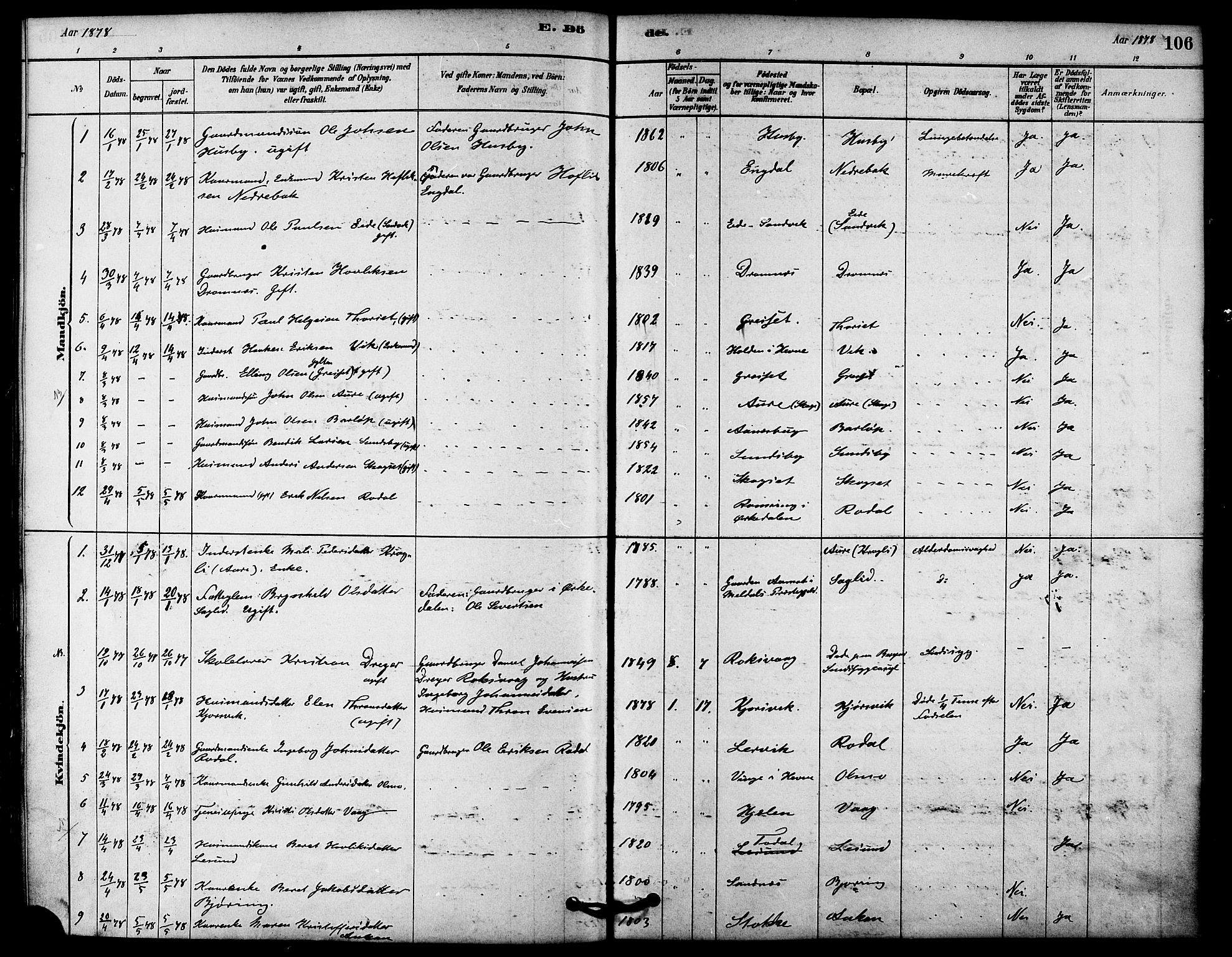 Ministerialprotokoller, klokkerbøker og fødselsregistre - Møre og Romsdal, AV/SAT-A-1454/578/L0906: Parish register (official) no. 578A05, 1878-1886, p. 106