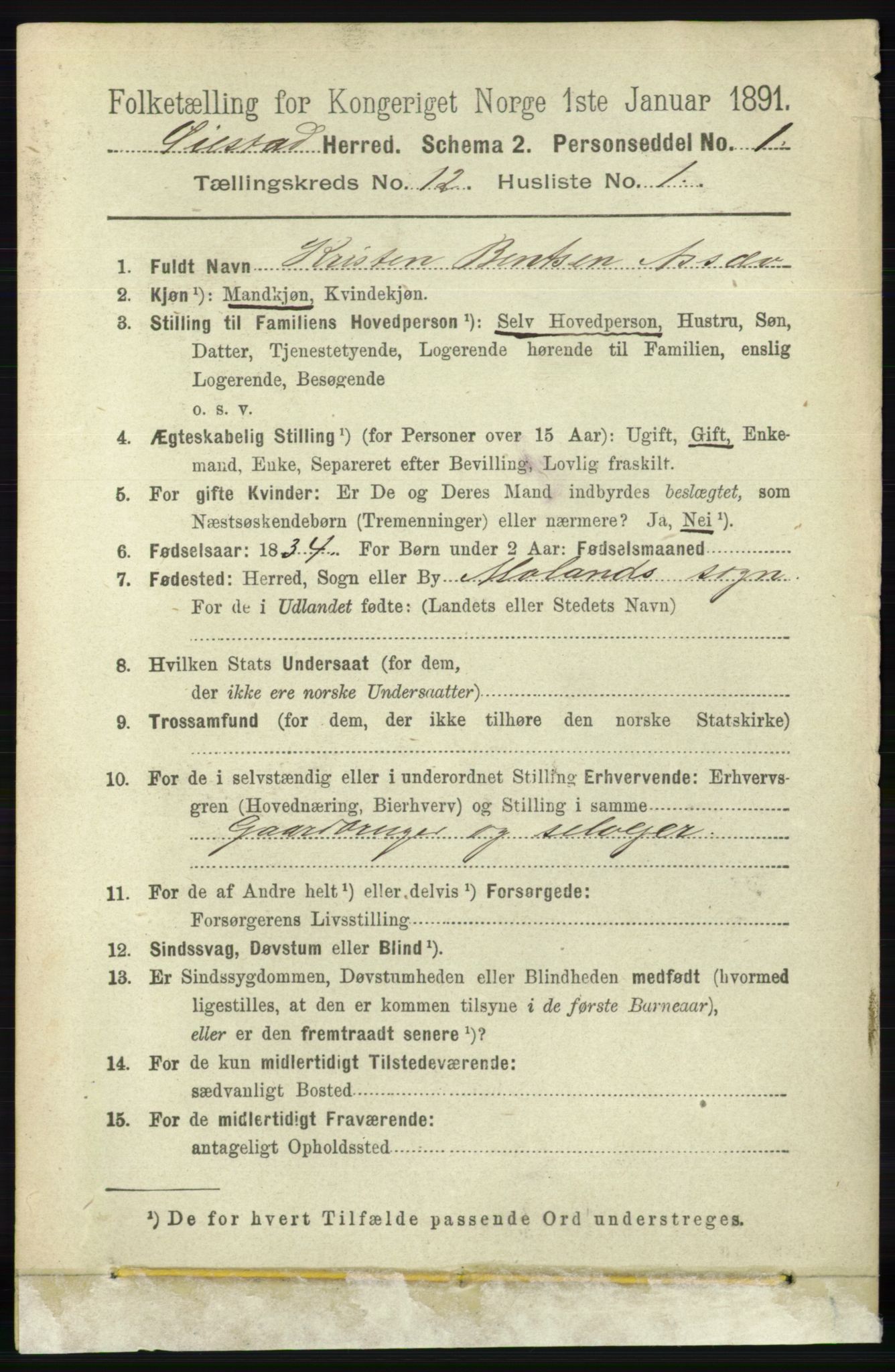 RA, 1891 census for 0920 Øyestad, 1891, p. 5437