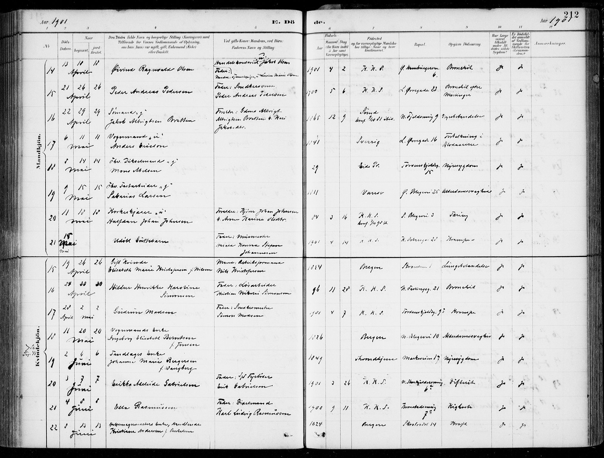 Korskirken sokneprestembete, SAB/A-76101/H/Hab: Parish register (copy) no. E 4, 1884-1910, p. 212