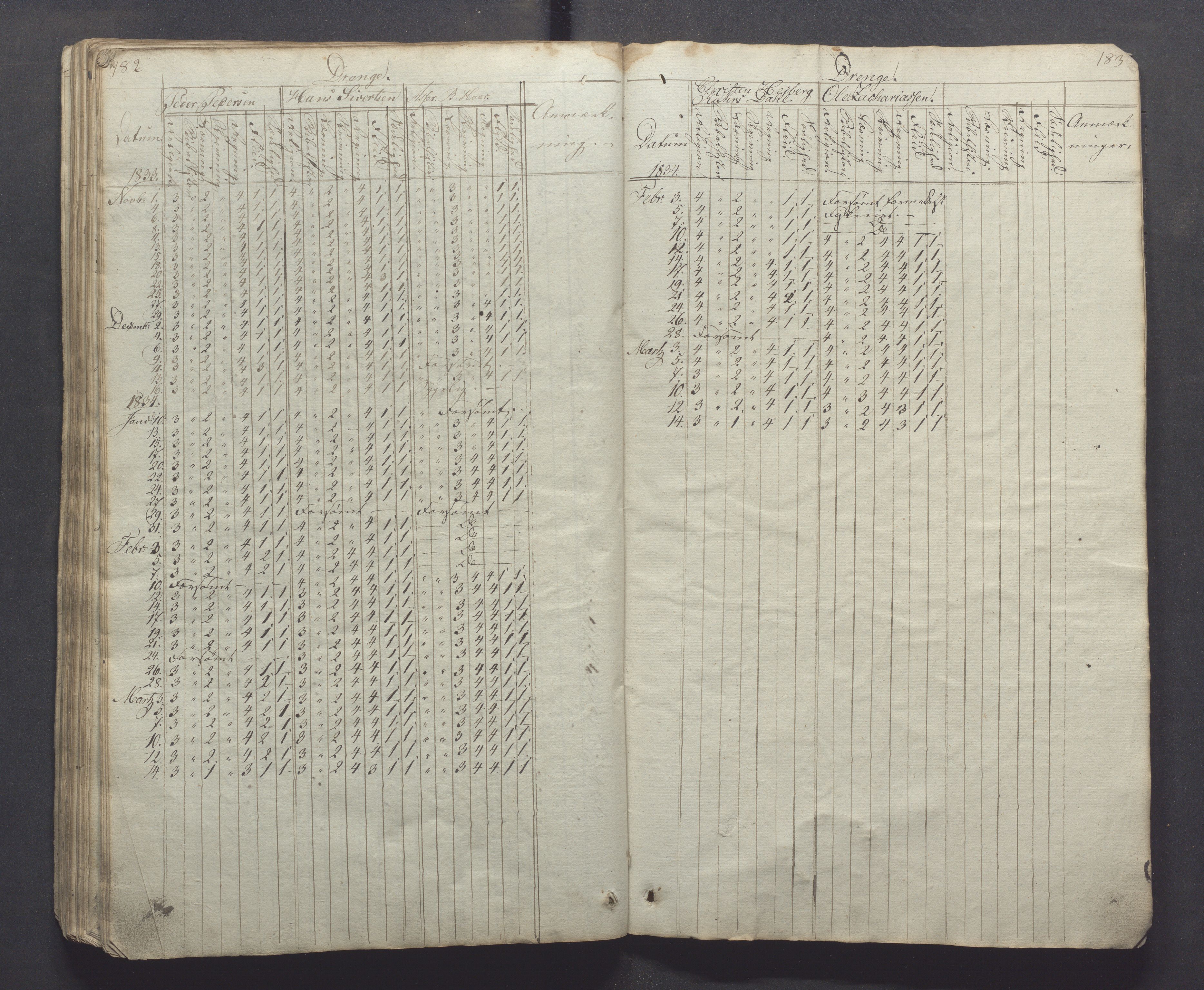 Egersund kommune (Ladested) - Egersund almueskole/folkeskole, IKAR/K-100521/H/L0001: Skoleprotokoll - Almueskole, 2. klasse, 1830-1834, p. 182-183