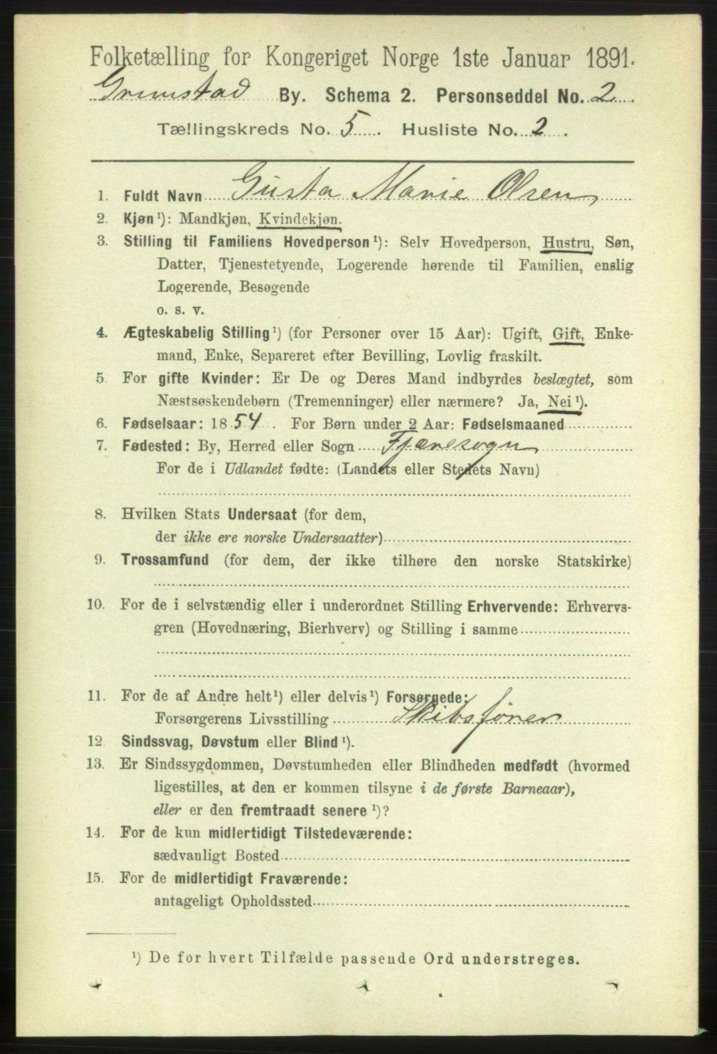 RA, 1891 census for 0904 Grimstad, 1891, p. 3014