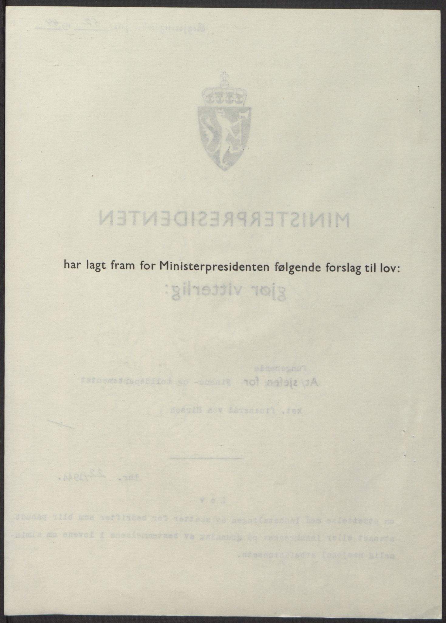 NS-administrasjonen 1940-1945 (Statsrådsekretariatet, de kommisariske statsråder mm), AV/RA-S-4279/D/Db/L0100: Lover, 1944, p. 101