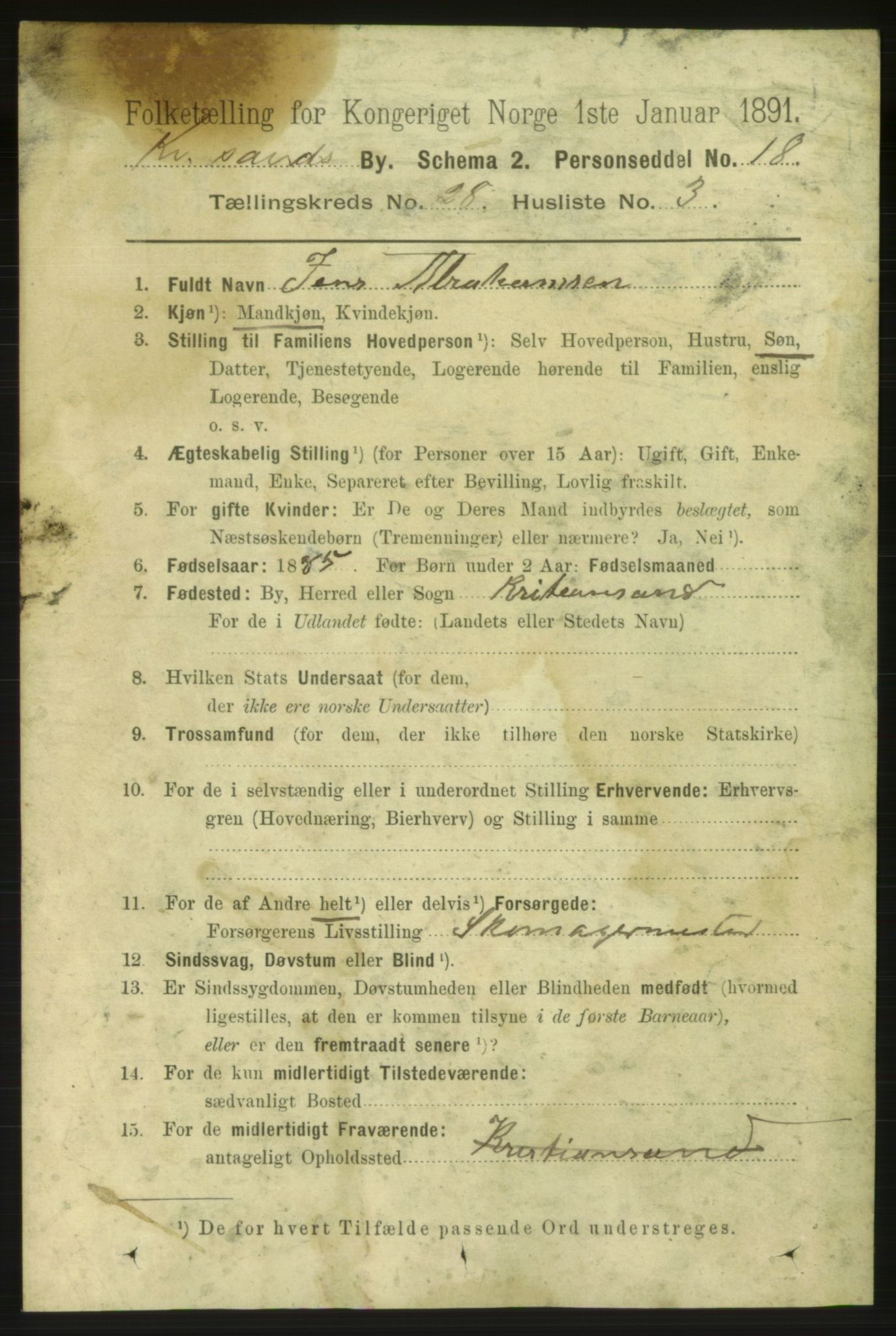 RA, 1891 census for 1001 Kristiansand, 1891, p. 9523