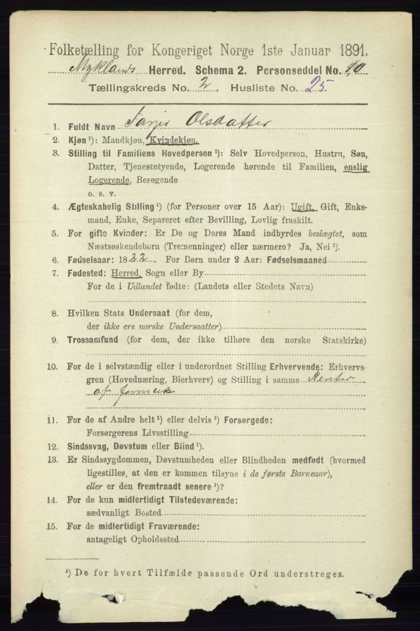 RA, 1891 census for 0932 Mykland, 1891, p. 523