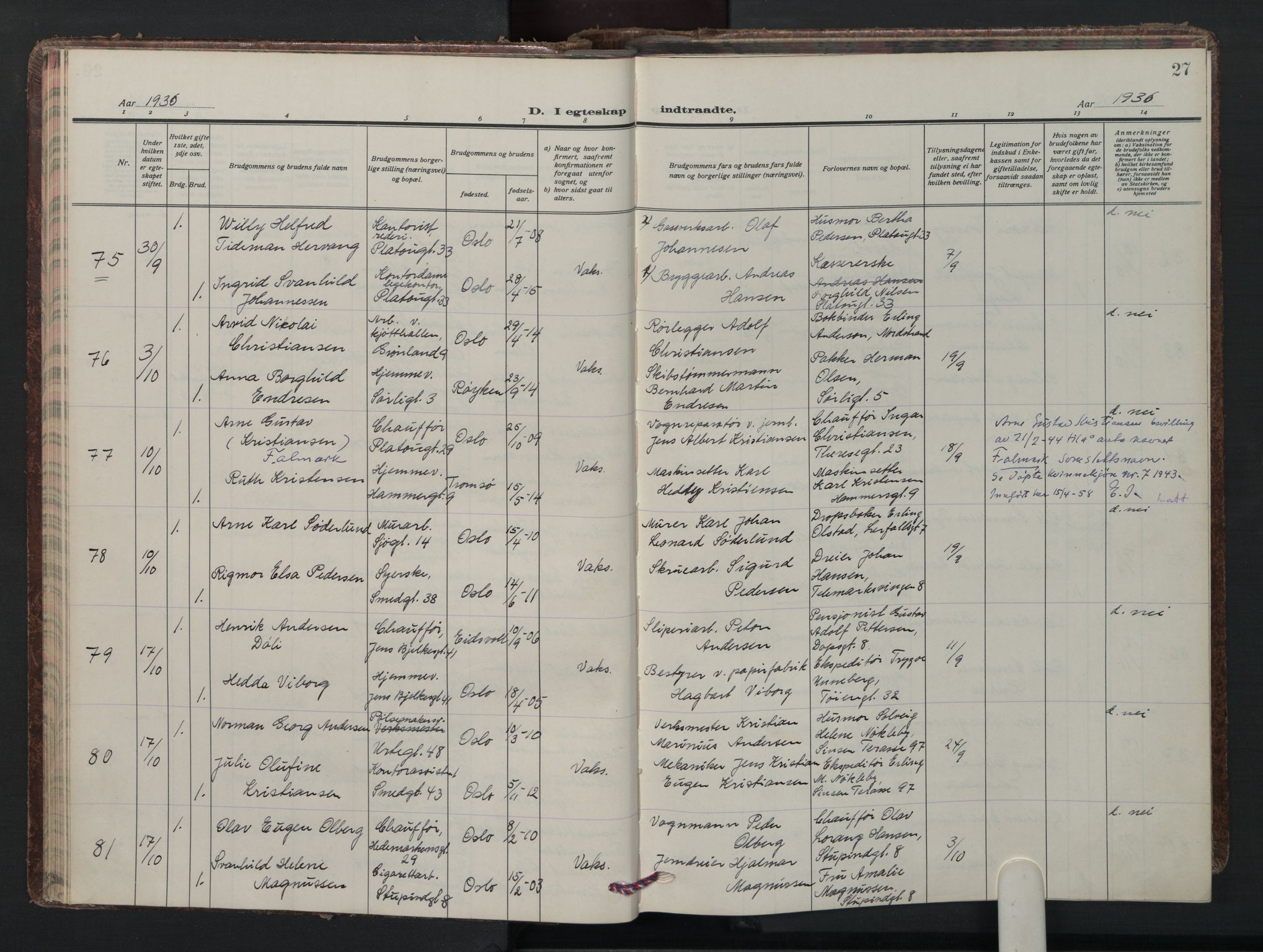 Grønland prestekontor Kirkebøker, SAO/A-10848/F/Fa/L0020: Parish register (official) no. 20, 1935-1946, p. 27