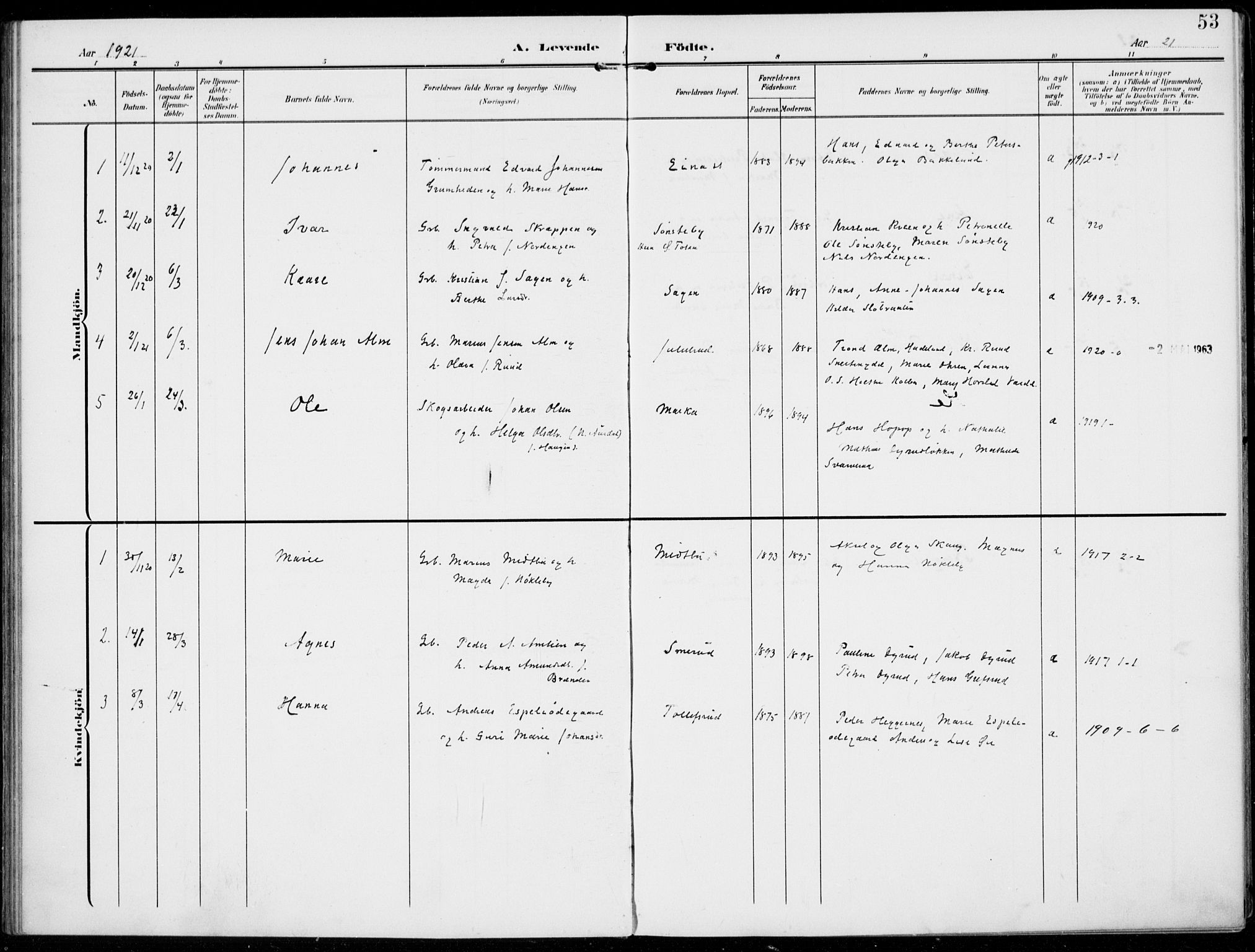Kolbu prestekontor, SAH/PREST-110/H/Ha/Haa/L0001: Parish register (official) no. 1, 1907-1923, p. 53