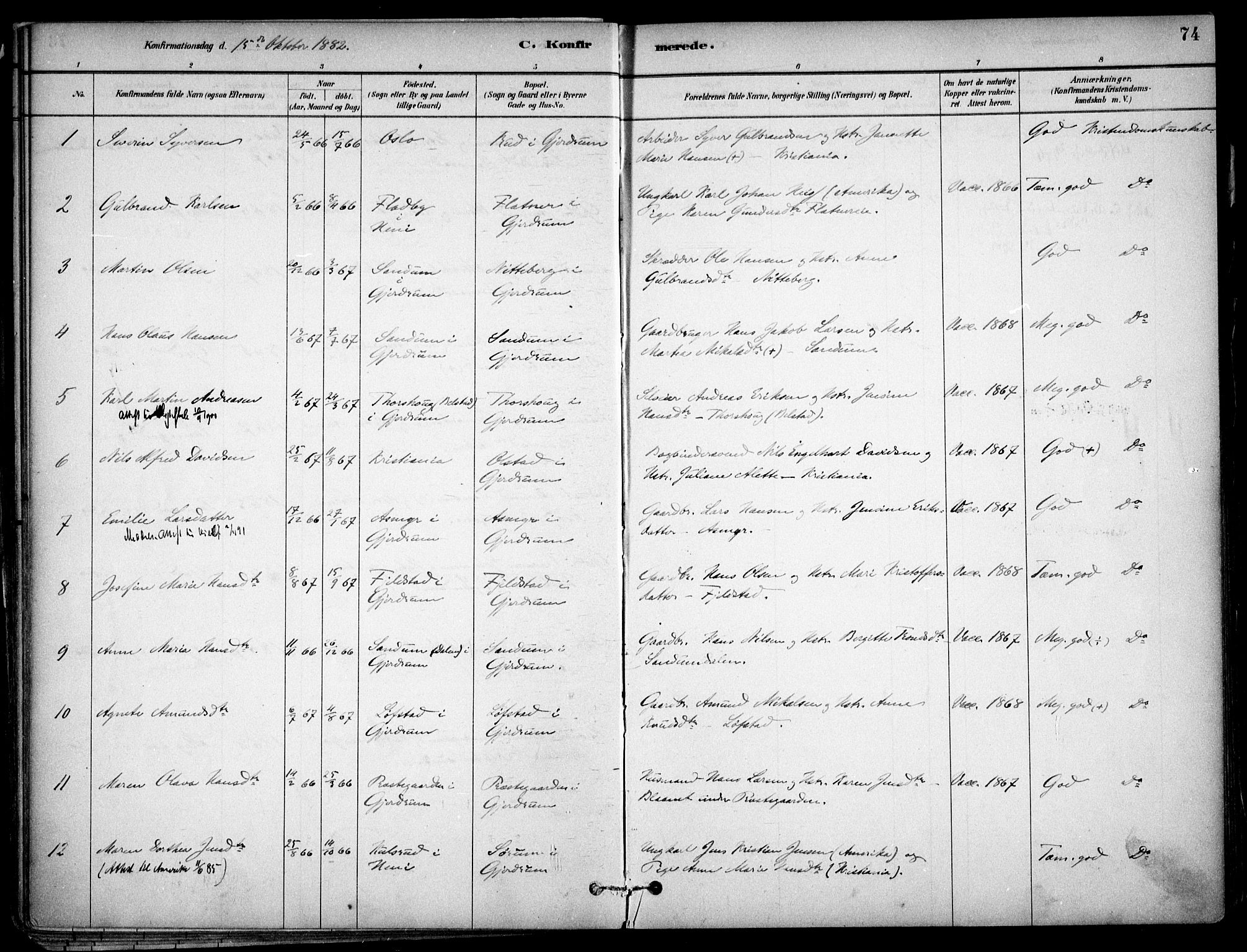 Gjerdrum prestekontor Kirkebøker, SAO/A-10412b/F/Fa/L0009: Parish register (official) no. I 9, 1881-1916, p. 74