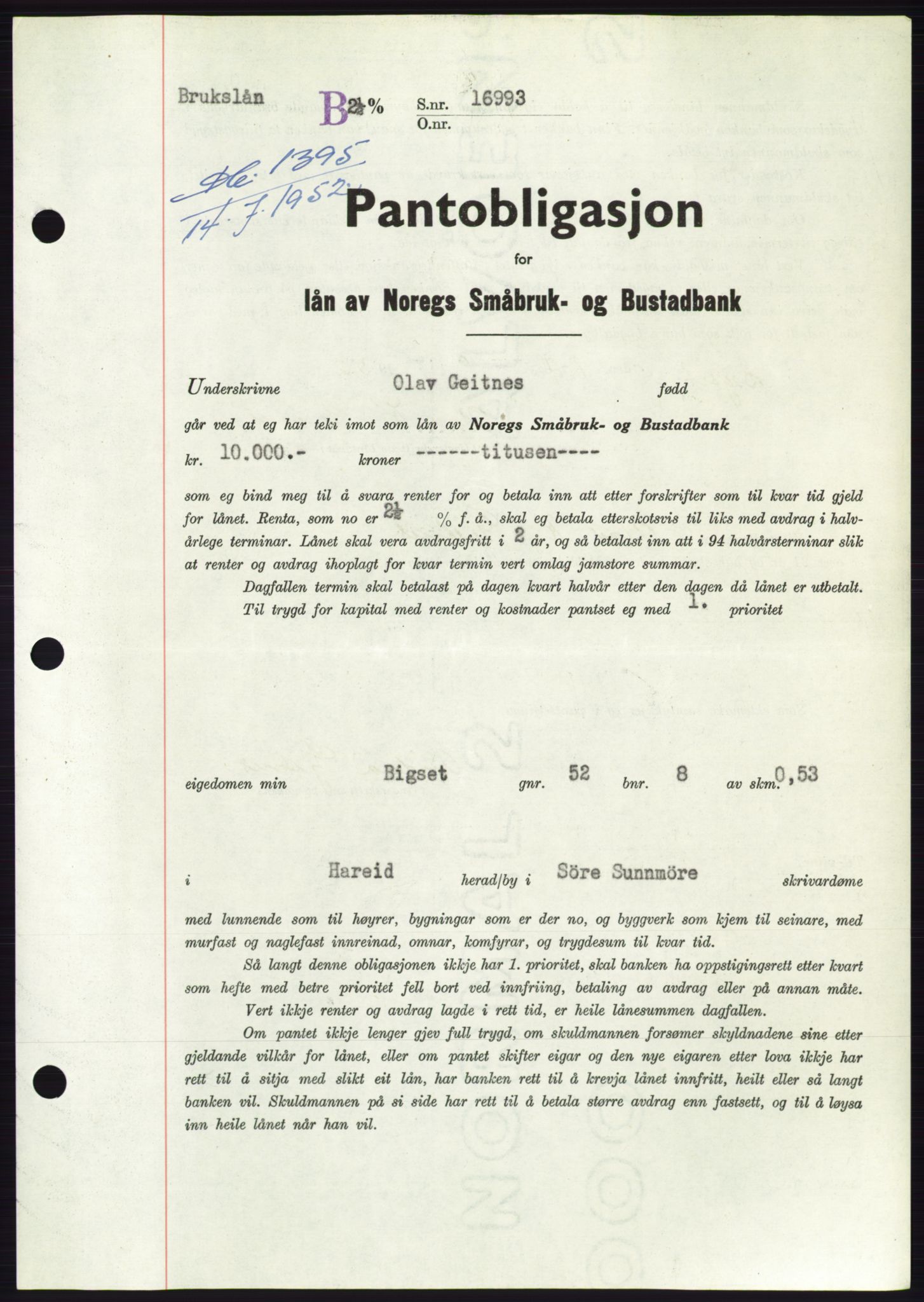 Søre Sunnmøre sorenskriveri, AV/SAT-A-4122/1/2/2C/L0121: Mortgage book no. 9B, 1951-1952, Diary no: : 1395/1952