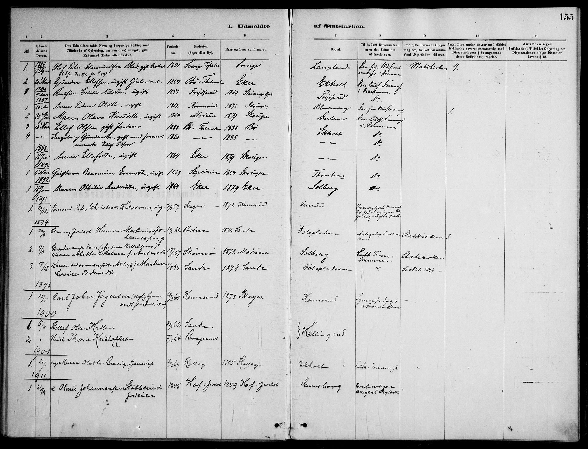 Skoger kirkebøker, AV/SAKO-A-59/F/Fb/L0001: Parish register (official) no. II 1, 1885-1913, p. 155