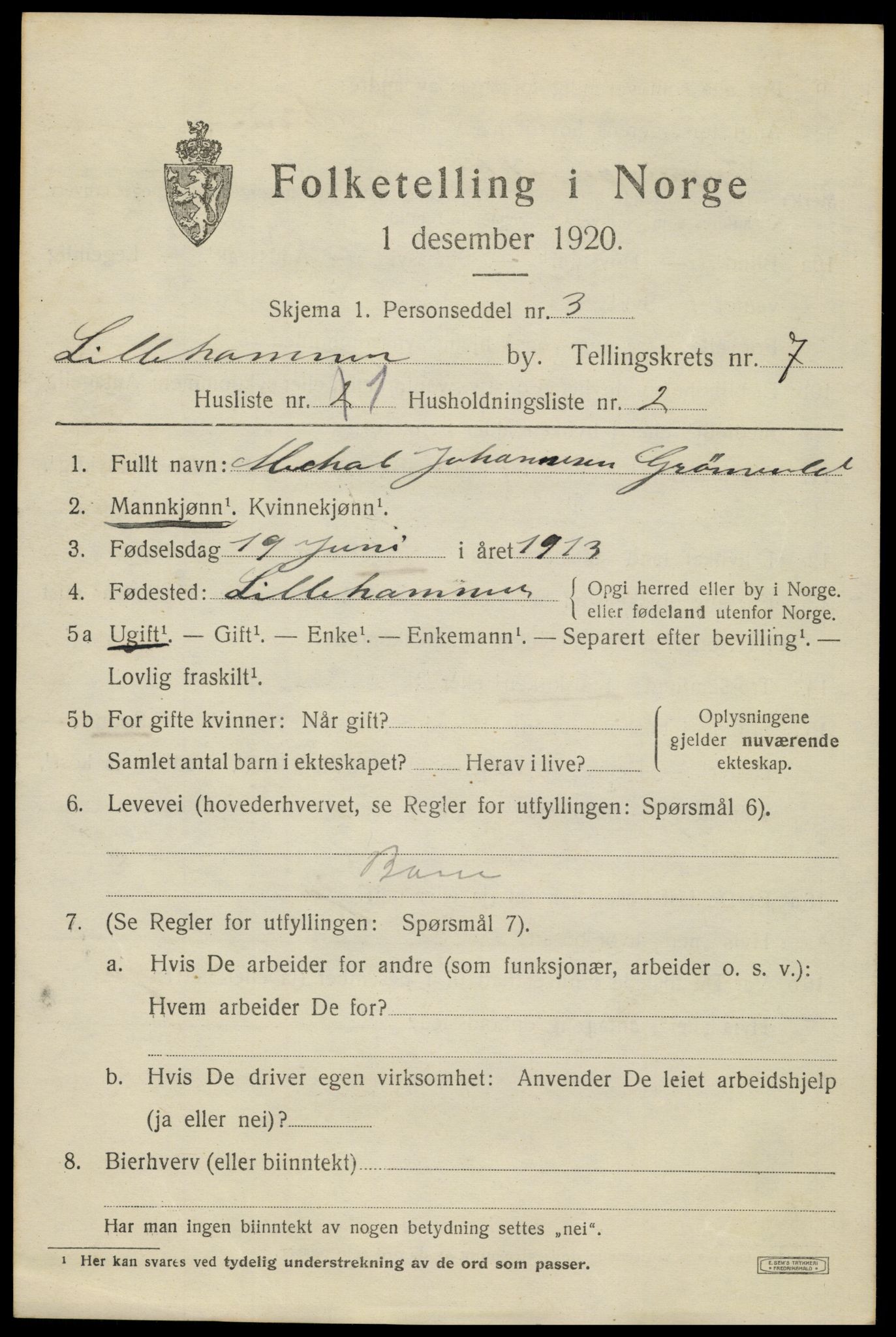 SAH, 1920 census for Lillehammer, 1920, p. 9422