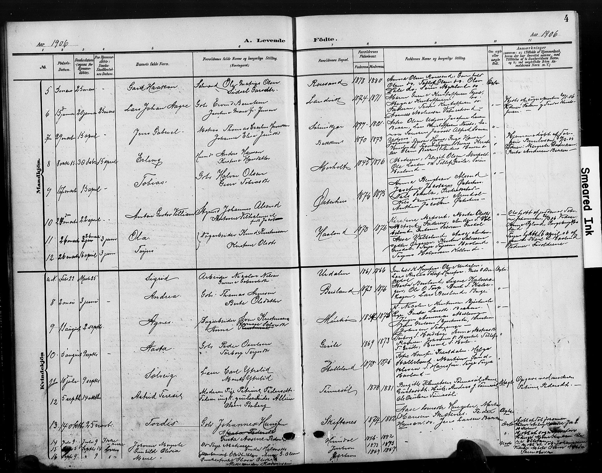 Hommedal sokneprestkontor, SAK/1111-0023/F/Fb/Fbb/L0008: Parish register (copy) no. B 8, 1905-1929, p. 4