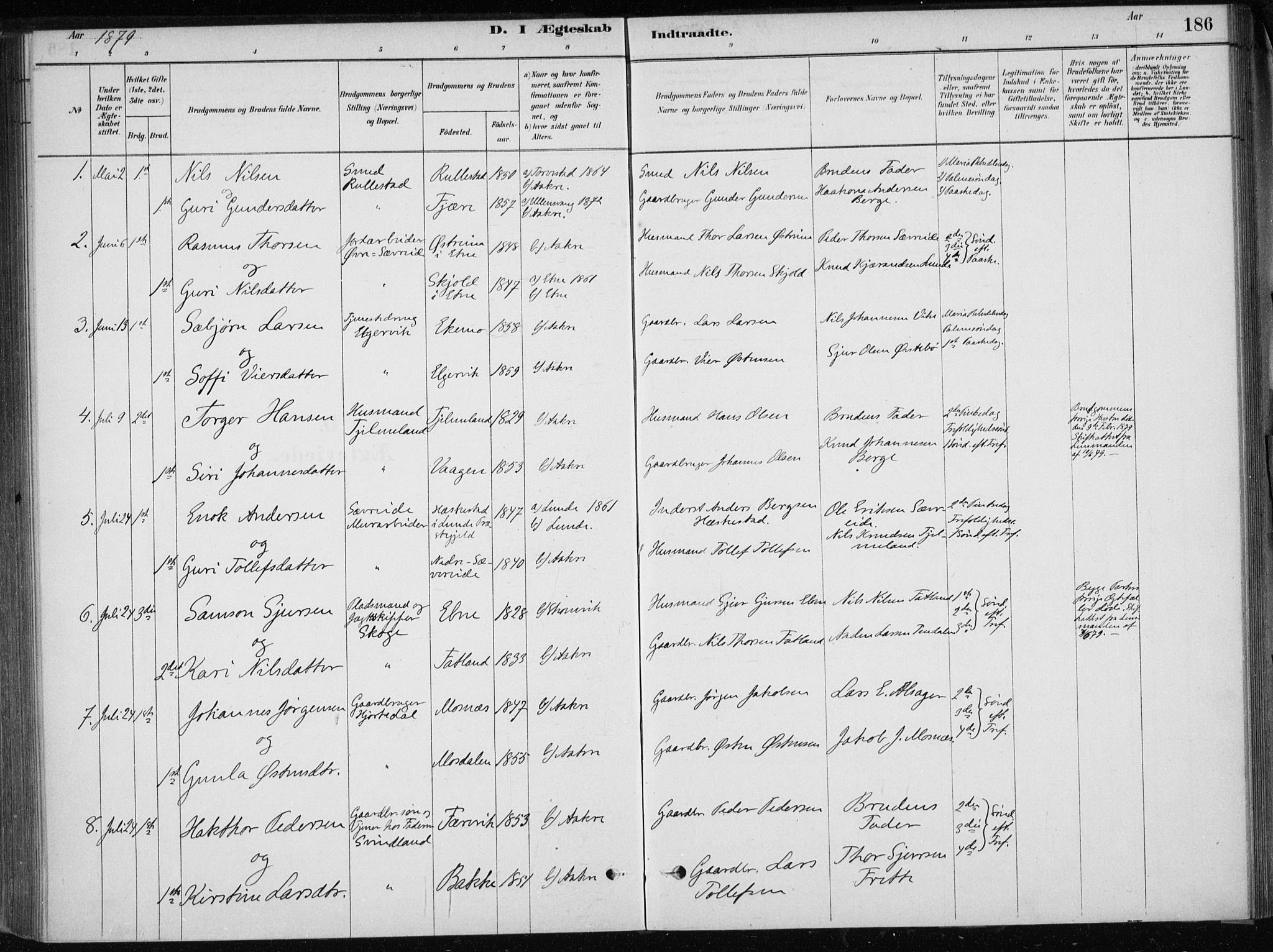 Skånevik sokneprestembete, SAB/A-77801/H/Haa: Parish register (official) no. E  1, 1879-1901, p. 186