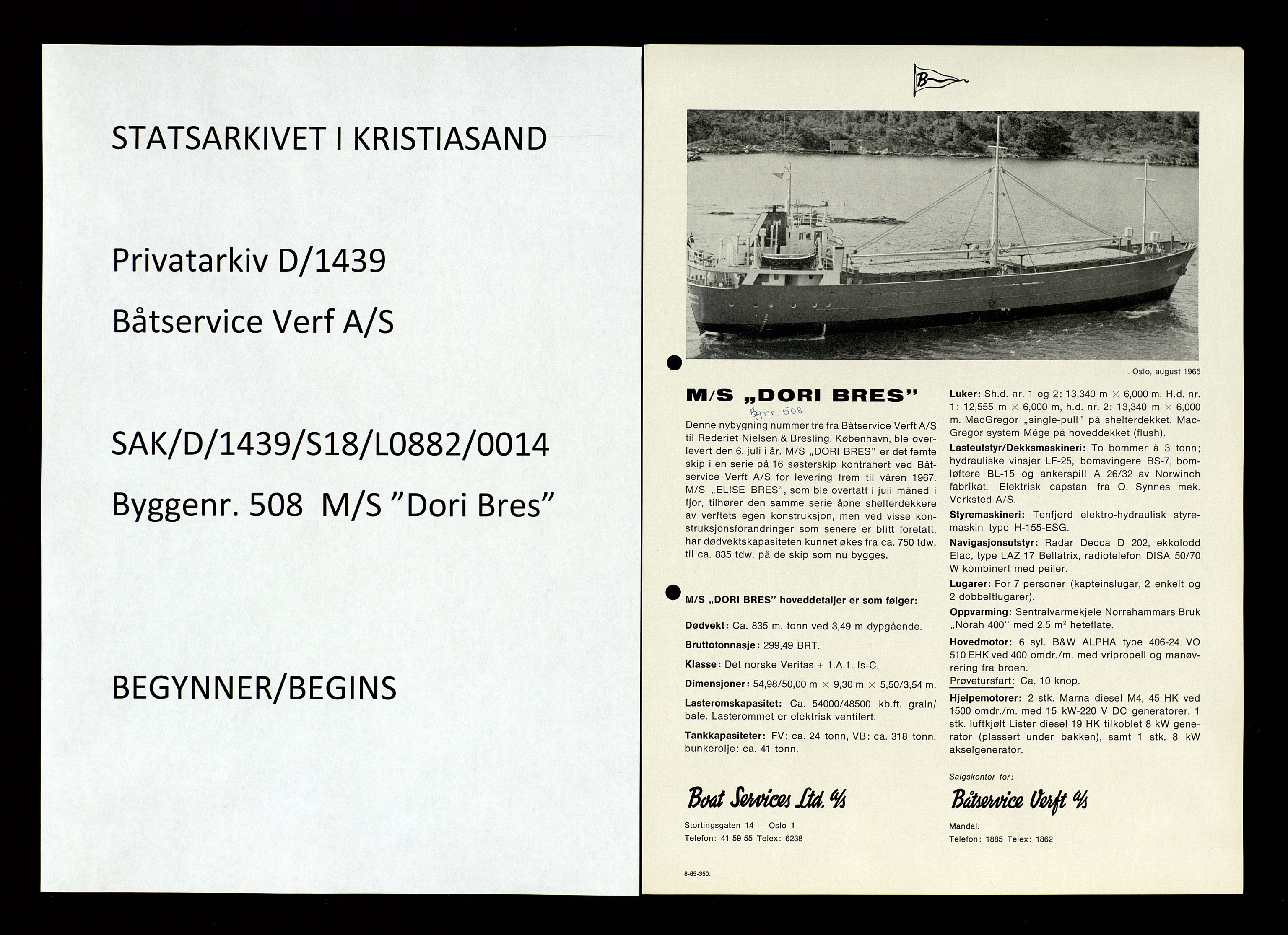 Båtservice Verft A/S, SAK/D/1439/S18/L0882/0014: Reklame, jubileumsbok, historikk / Byggenr 508 - M/S "Dori Bres", 1965