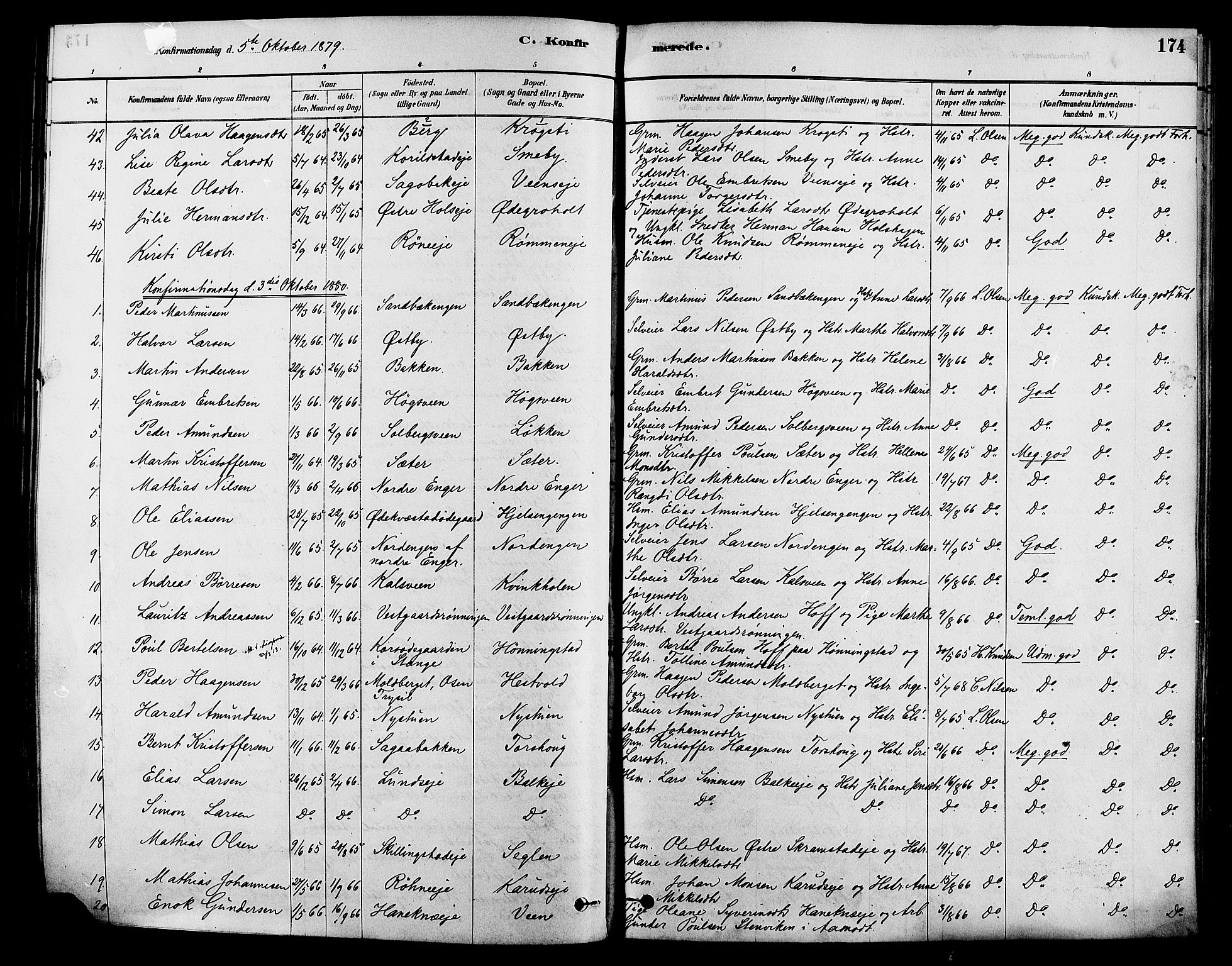 Løten prestekontor, SAH/PREST-022/K/Ka/L0009: Parish register (official) no. 9, 1878-1891, p. 174