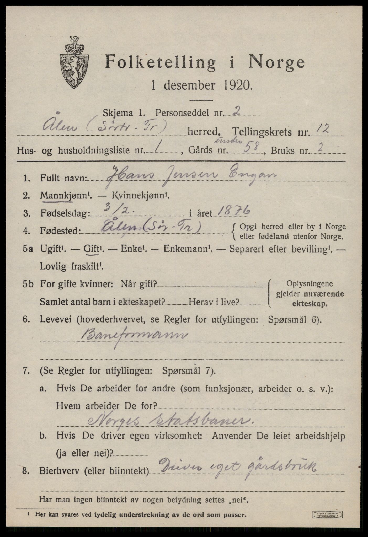 SAT, 1920 census for Ålen, 1920, p. 5722