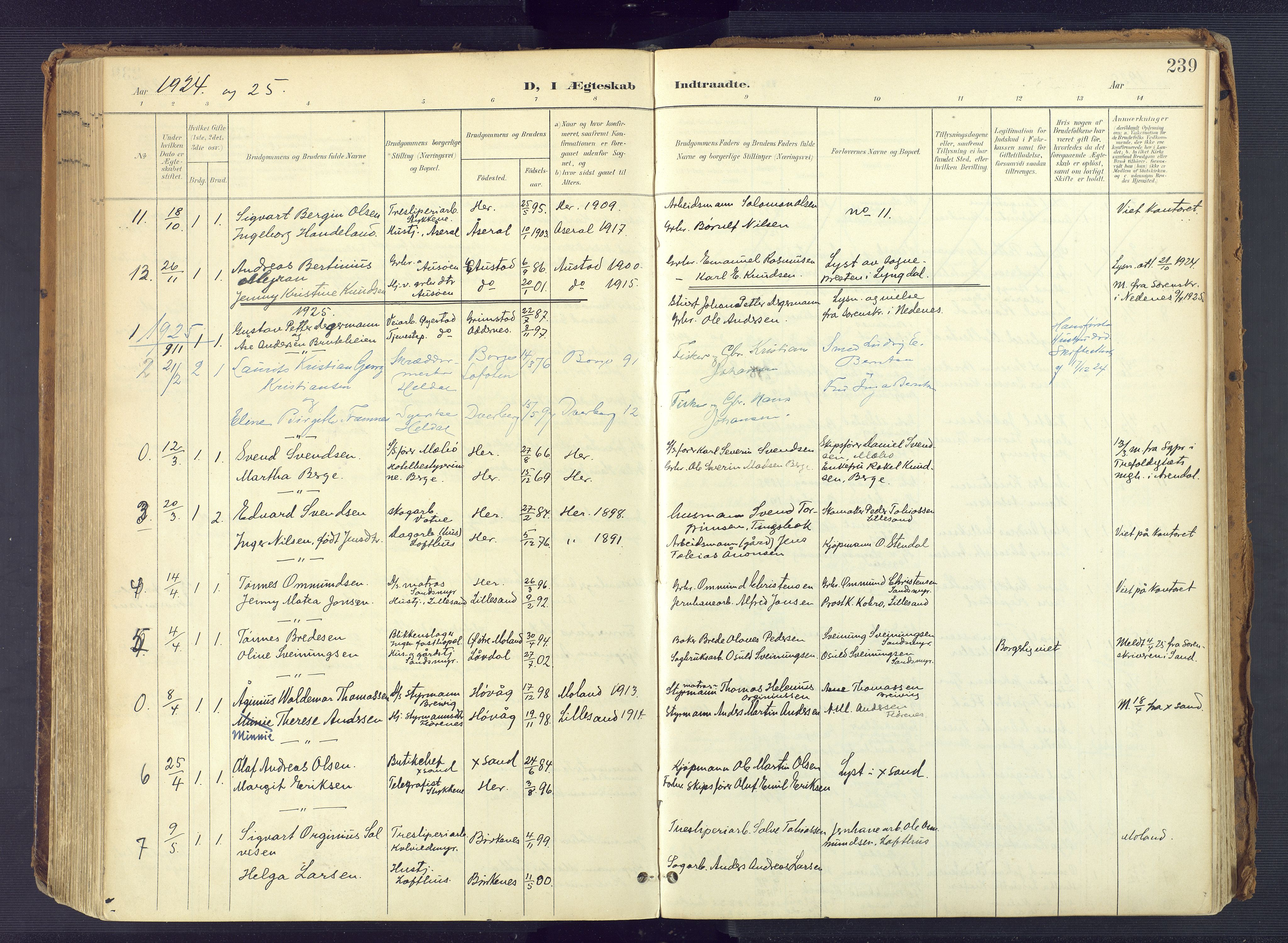 Vestre Moland sokneprestkontor, SAK/1111-0046/F/Fa/Fab/L0010: Parish register (official) no. A 10, 1900-1926, p. 239