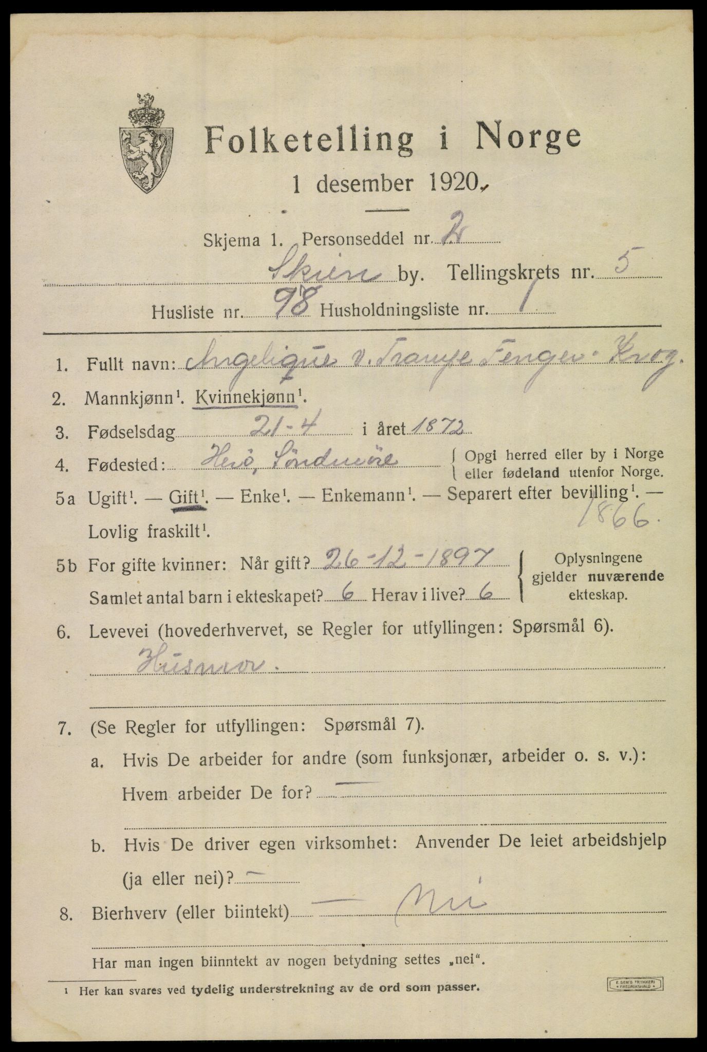 SAKO, 1920 census for Skien, 1920, p. 21232