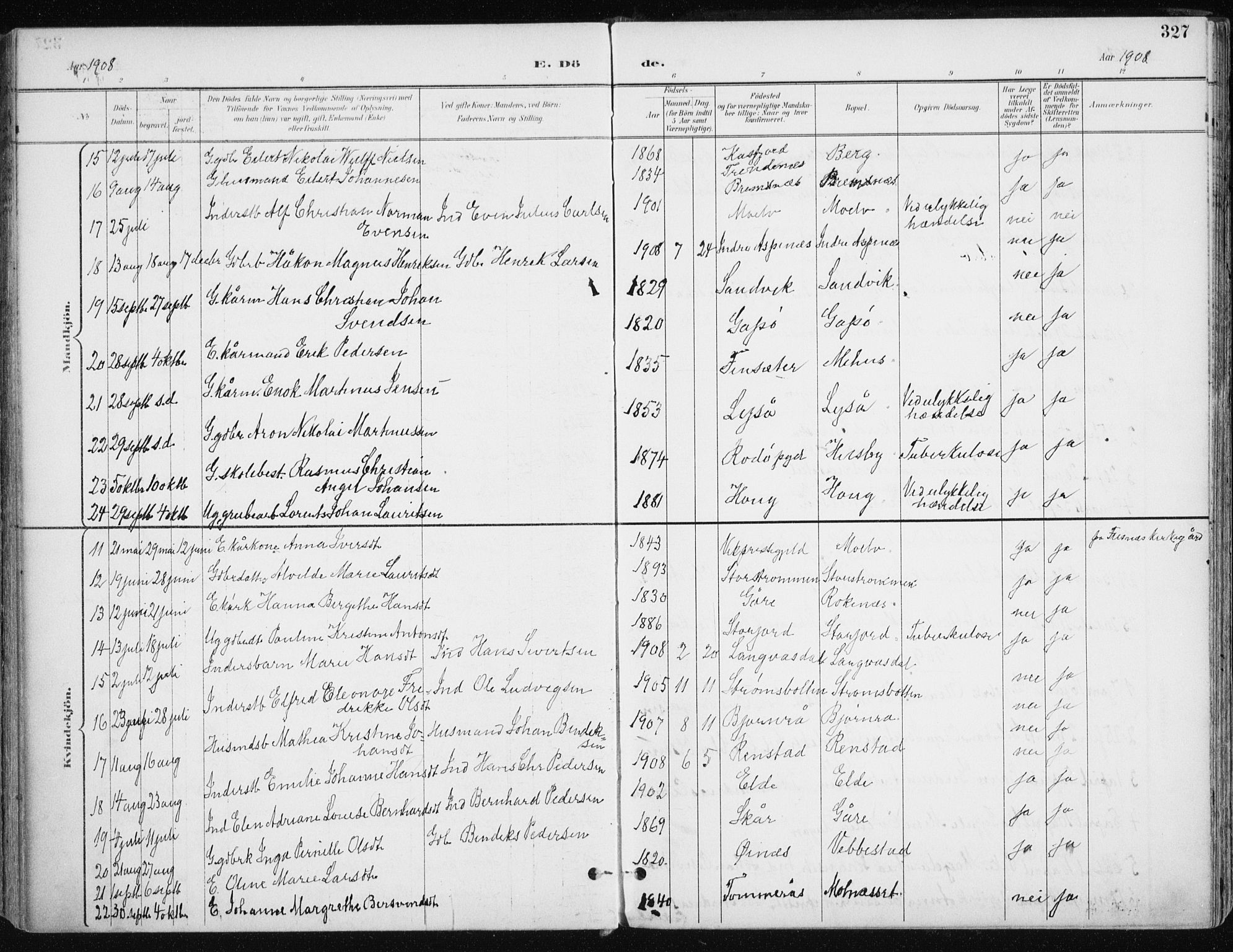 Kvæfjord sokneprestkontor, SATØ/S-1323/G/Ga/Gaa/L0006kirke: Parish register (official) no. 6, 1895-1914, p. 327