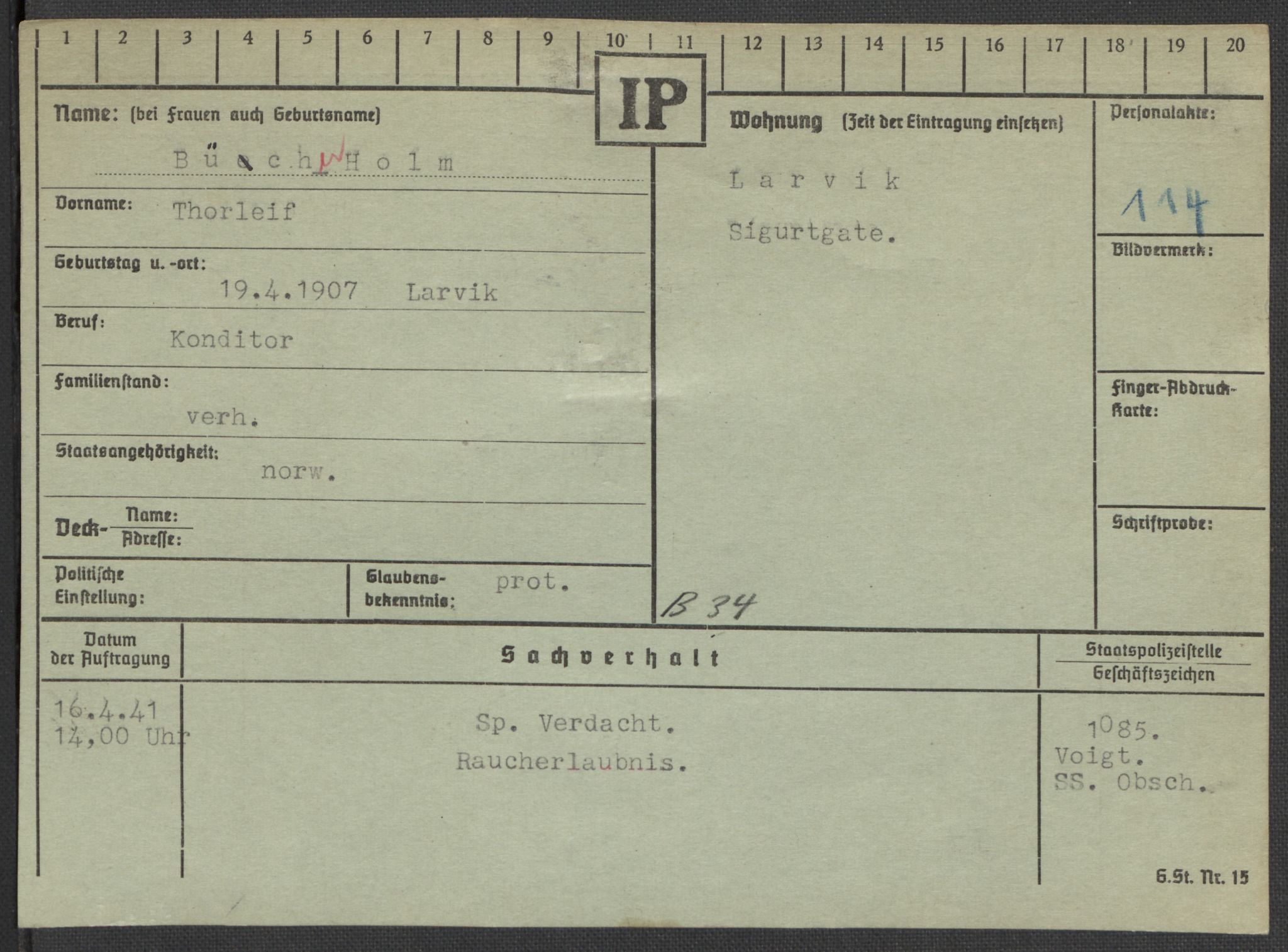 Befehlshaber der Sicherheitspolizei und des SD, AV/RA-RAFA-5969/E/Ea/Eaa/L0002: Register over norske fanger i Møllergata 19: Bj-Eng, 1940-1945, p. 539