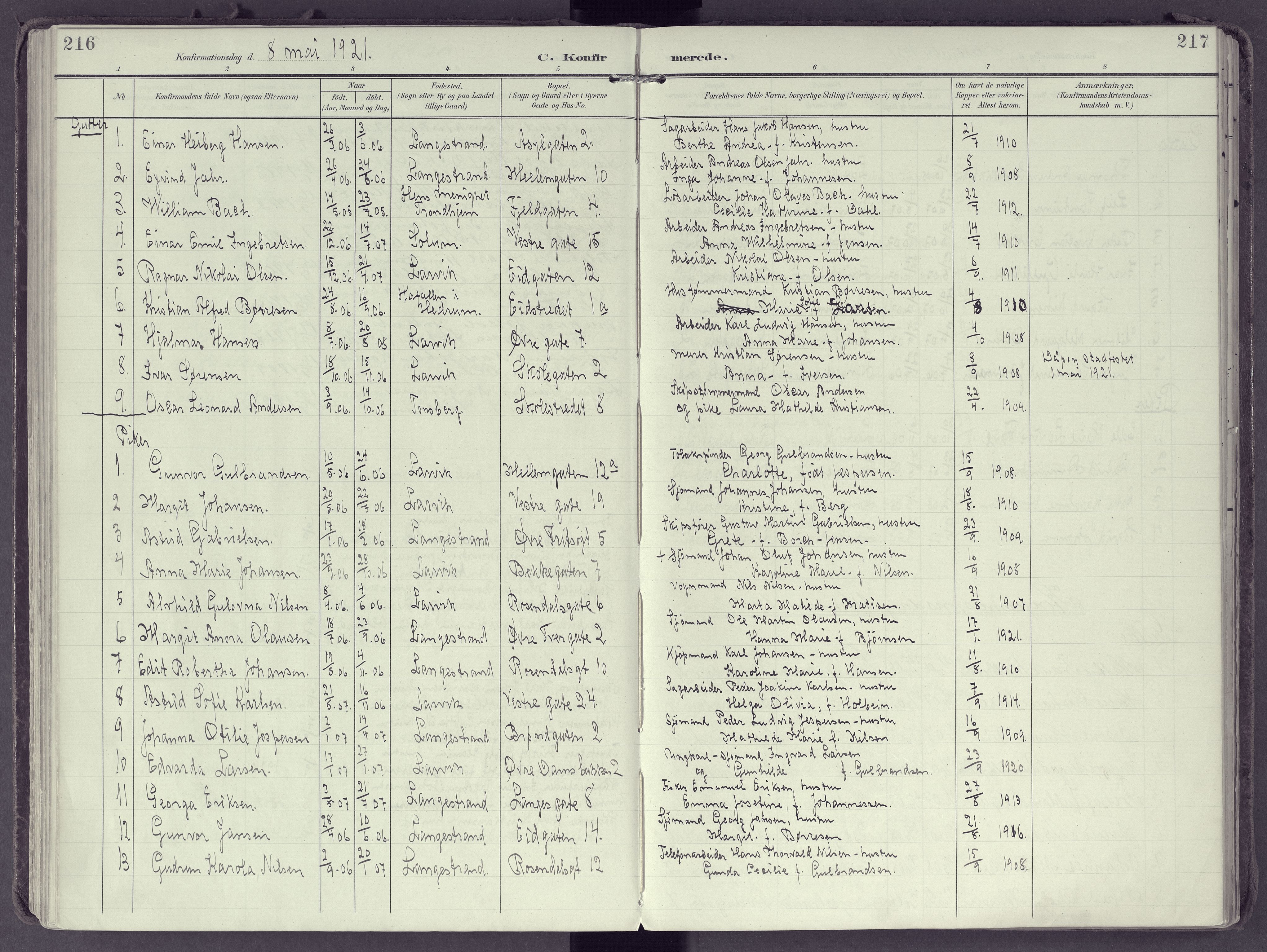 Larvik kirkebøker, AV/SAKO-A-352/F/Fb/L0005: Parish register (official) no. II 5, 1903-1925, p. 216-217