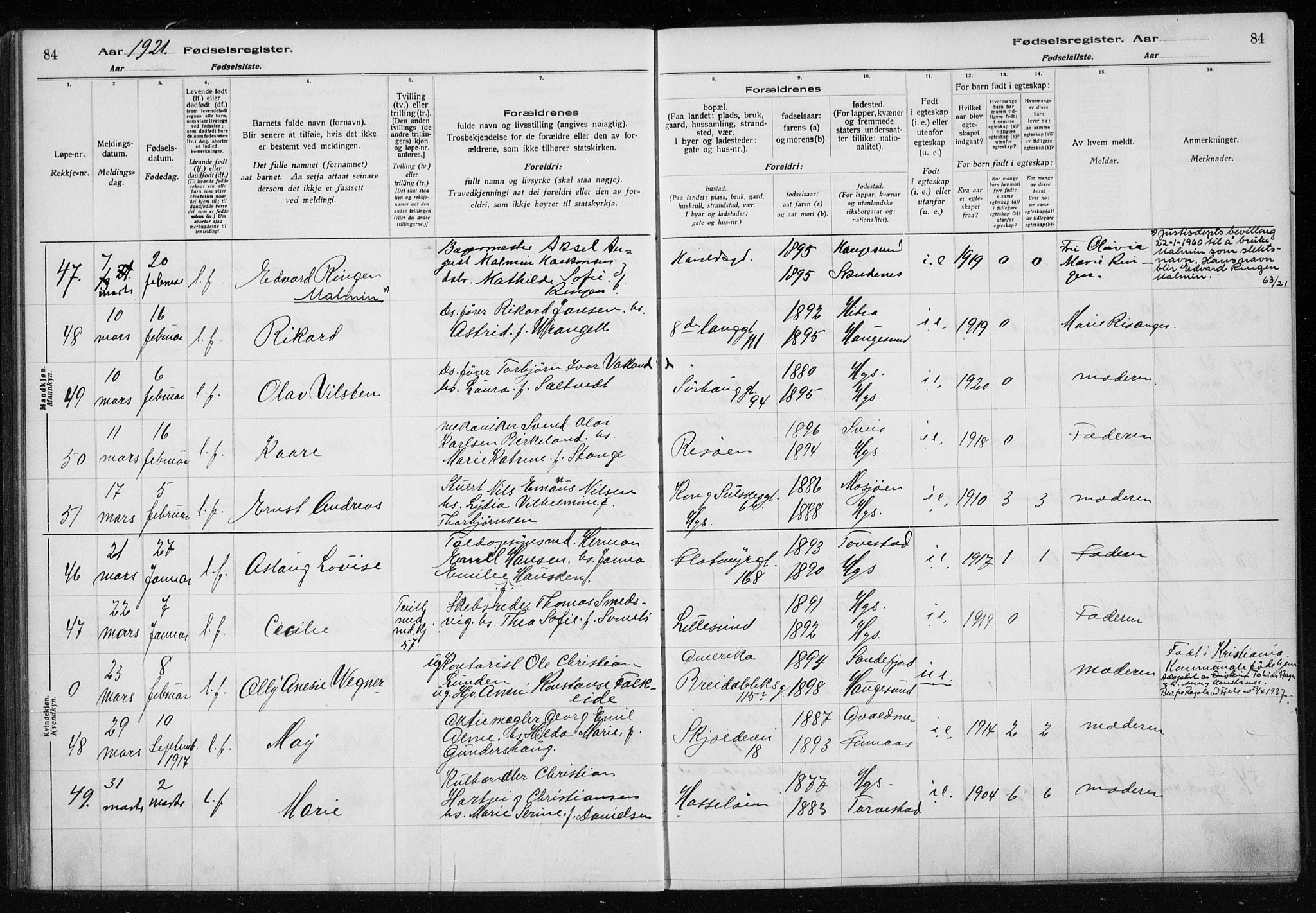 Haugesund sokneprestkontor, SAST/A -101863/I/Id/L0004: Birth register no. 2, 1919-1923, p. 84