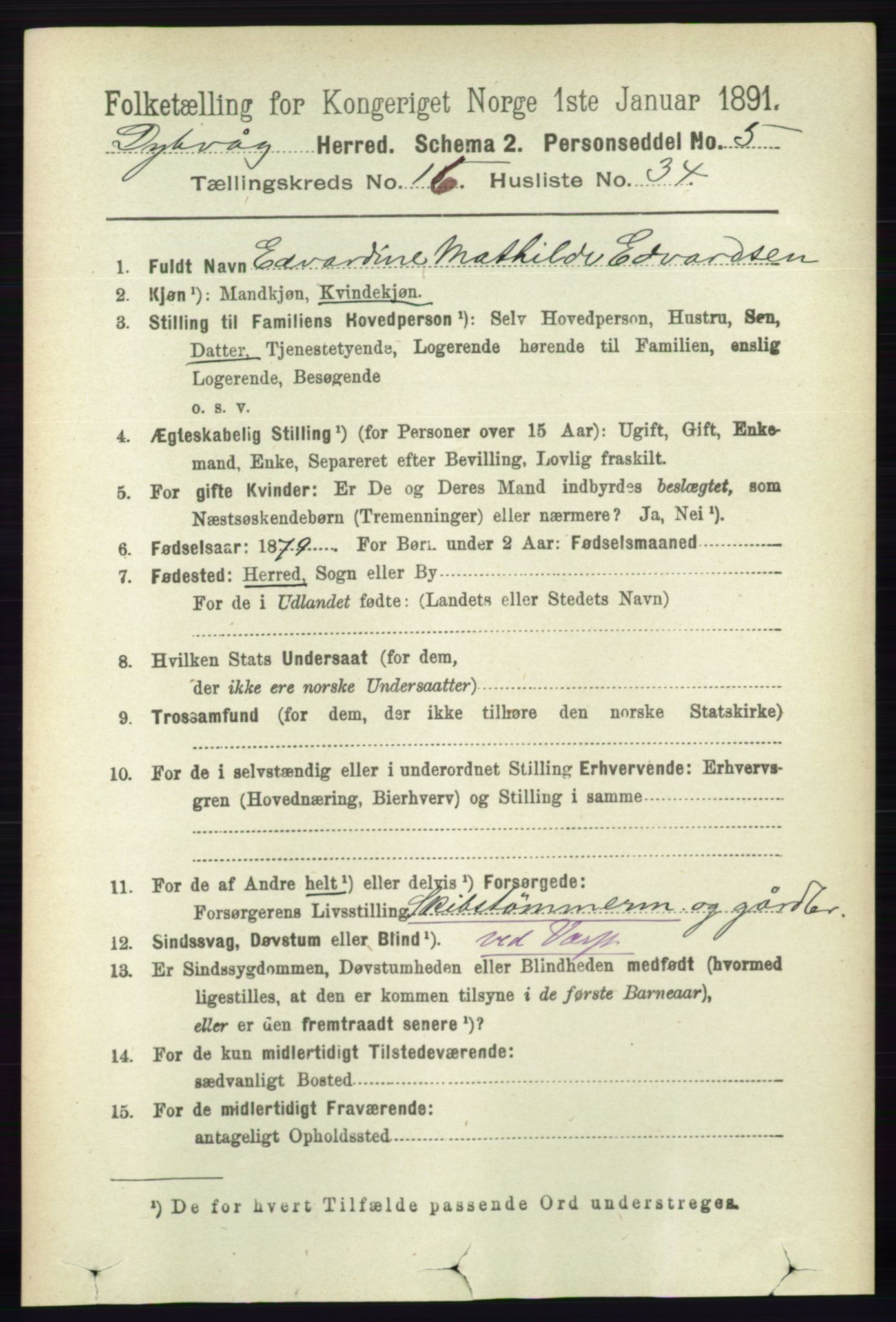 RA, 1891 census for 0915 Dypvåg, 1891, p. 6612
