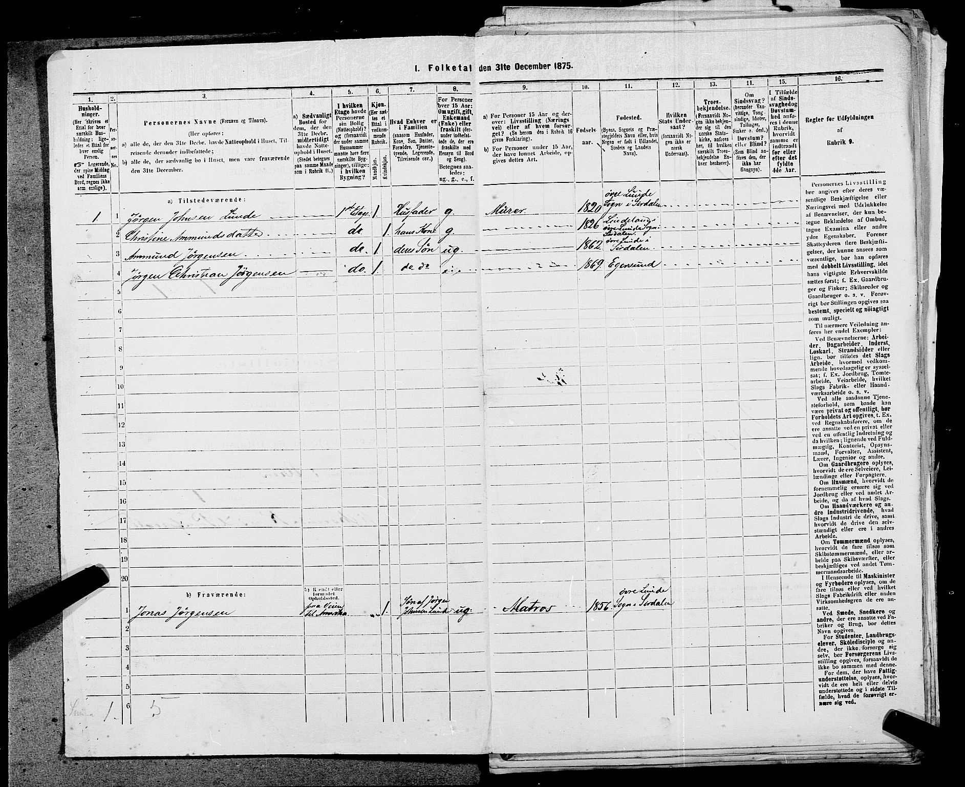 SAST, 1875 census for 1101B Eigersund parish, Egersund town, 1875, p. 2