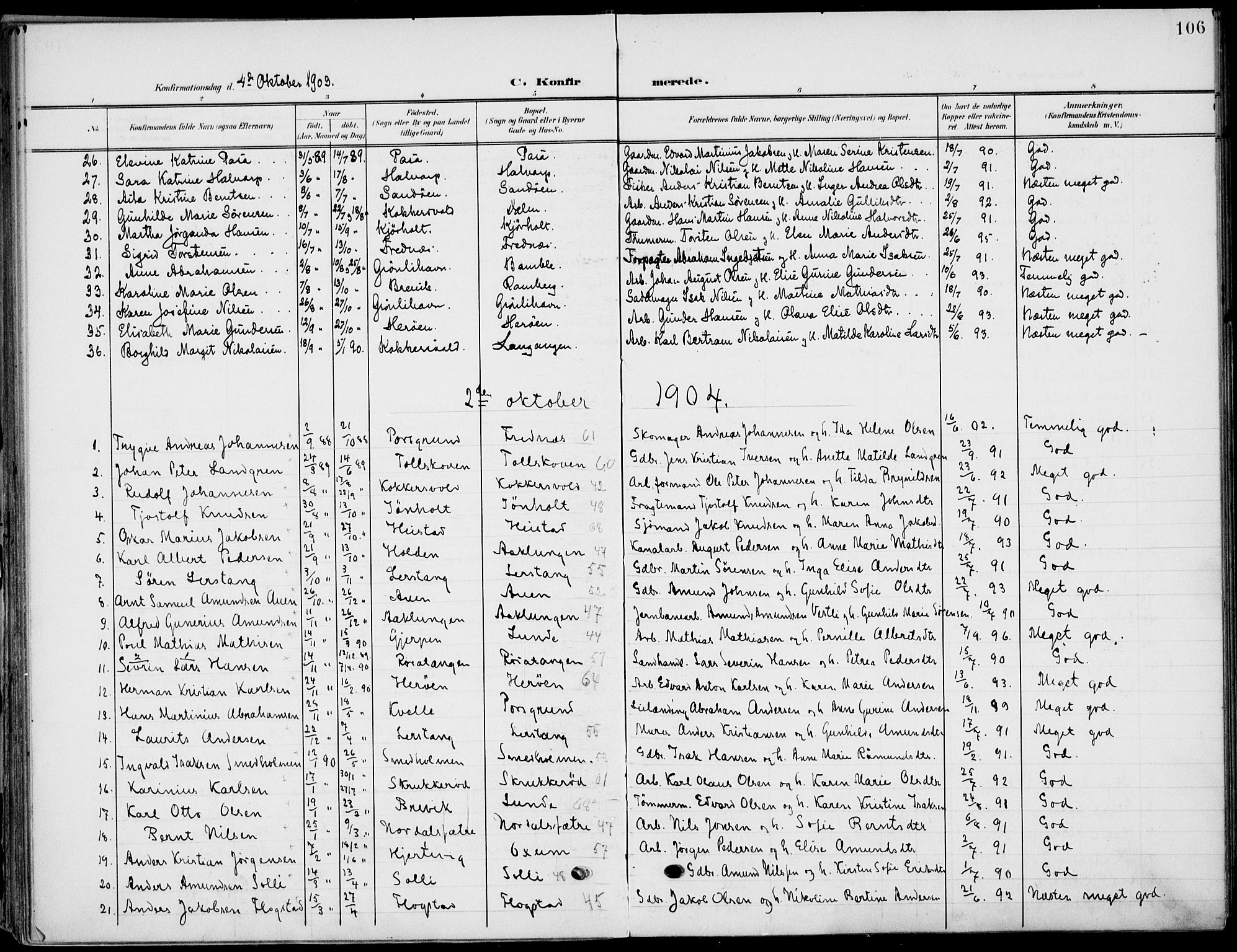 Eidanger kirkebøker, SAKO/A-261/F/Fa/L0013: Parish register (official) no. 13, 1900-1913, p. 106