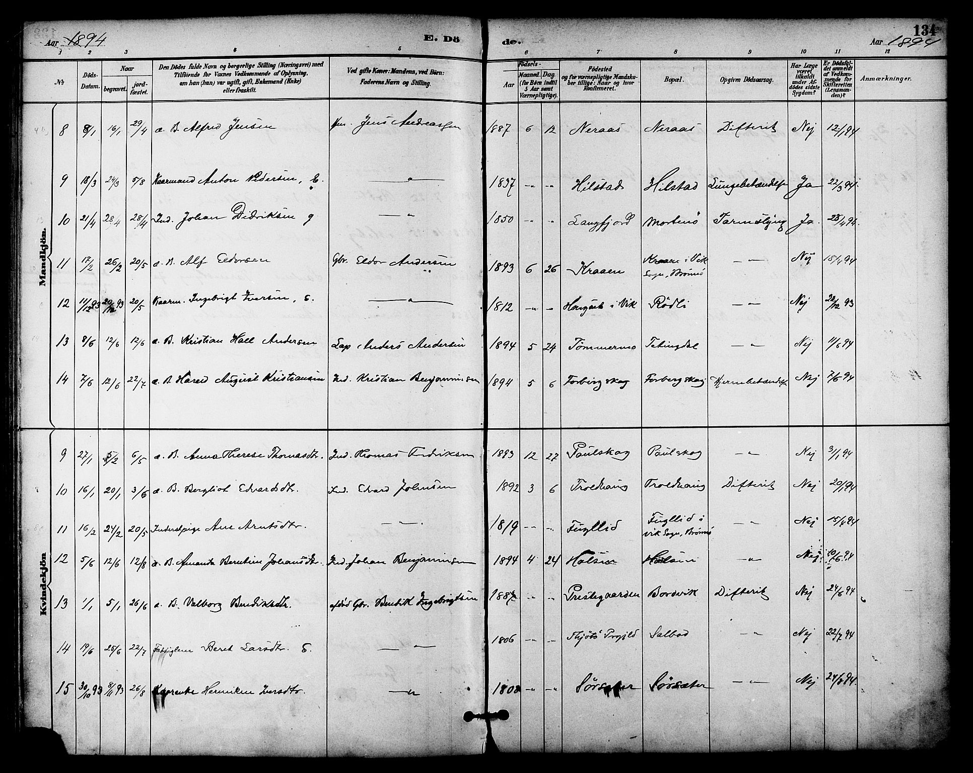 Ministerialprotokoller, klokkerbøker og fødselsregistre - Nordland, AV/SAT-A-1459/814/L0226: Parish register (official) no. 814A07, 1886-1898, p. 134