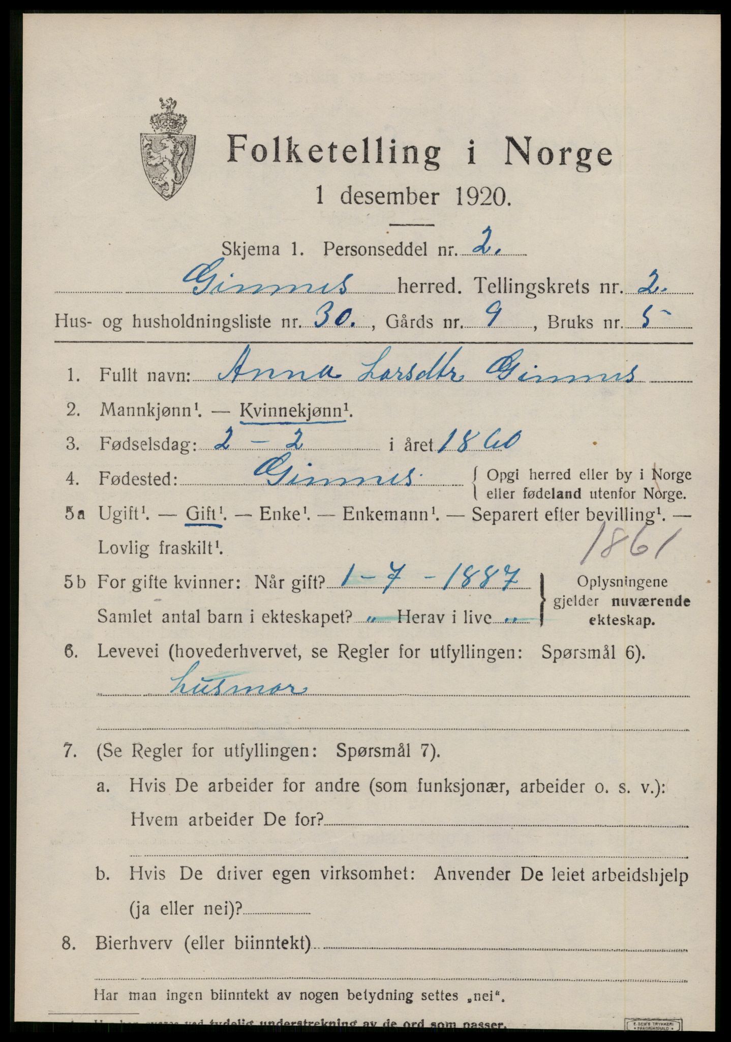 SAT, 1920 census for Gjemnes, 1920, p. 1000