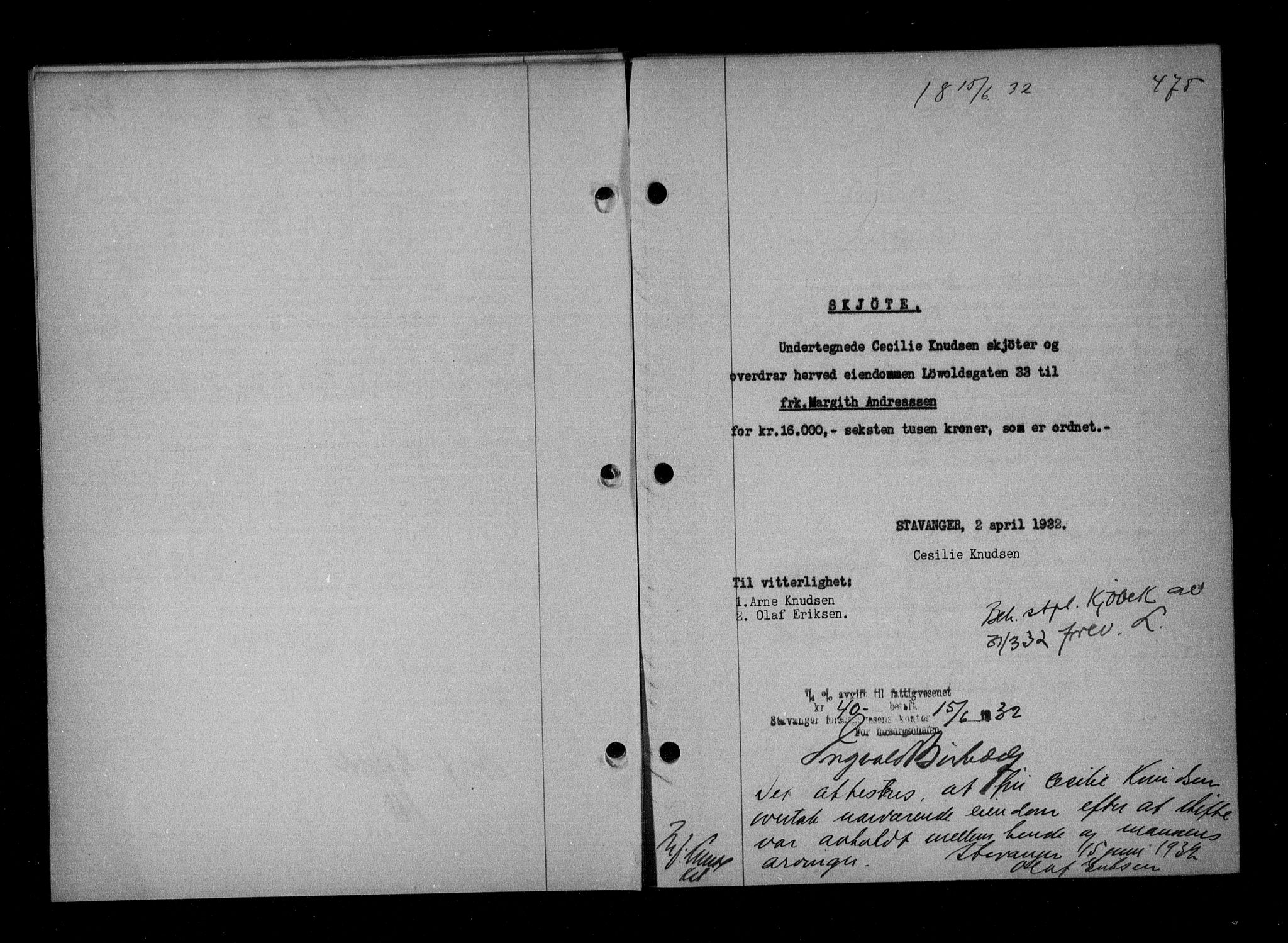 Stavanger byfogd, SAST/A-101408/001/4/41/410/410BB/L0061: Mortgage book no. 51, 1932-1932, Deed date: 15.06.1932