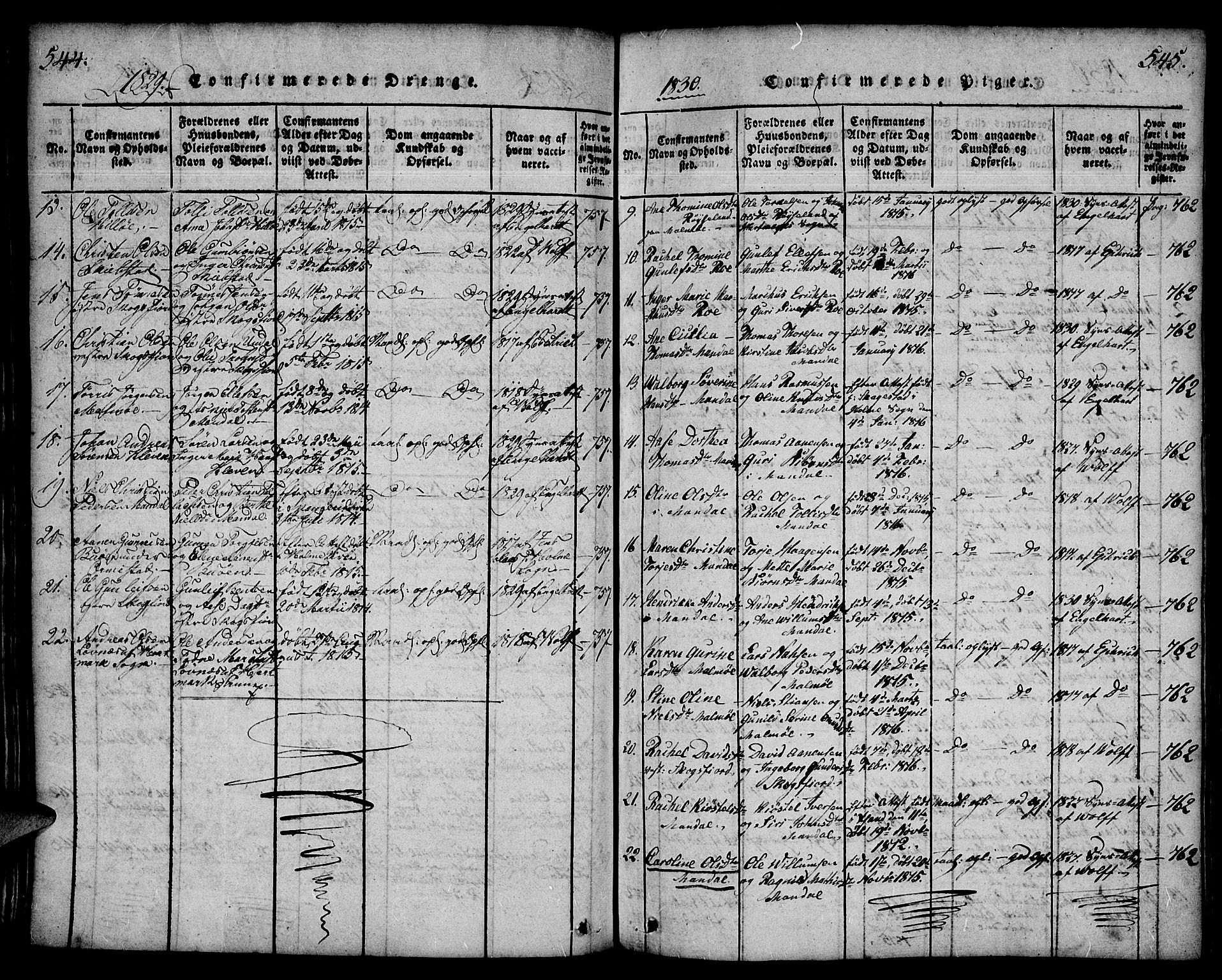Mandal sokneprestkontor, AV/SAK-1111-0030/F/Fa/Faa/L0010: Parish register (official) no. A 10, 1817-1830, p. 544-545