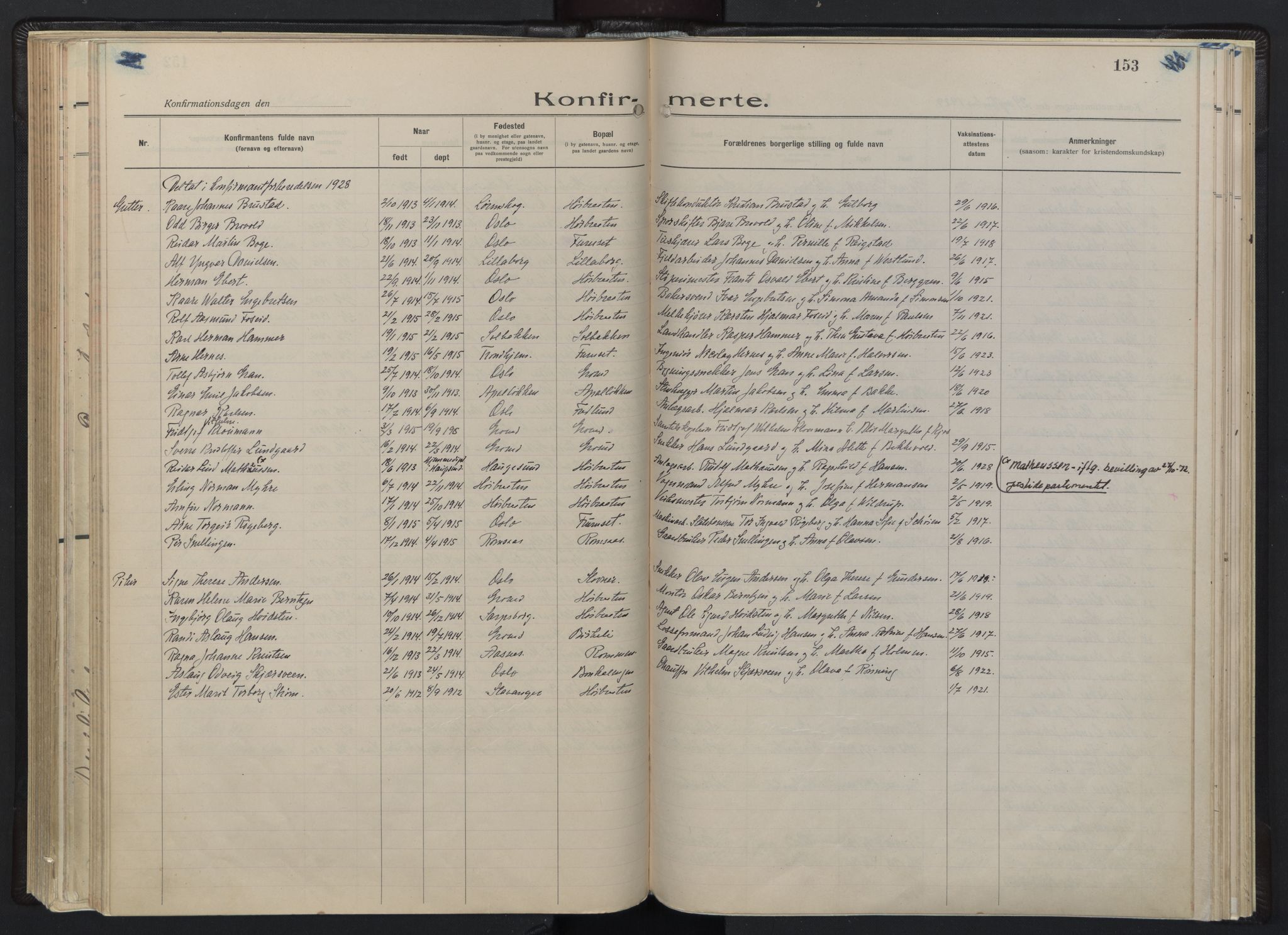 Østre Aker prestekontor Kirkebøker, SAO/A-10840/F/Fb/L0002: Parish register (official) no. II 2, 1918-1930, p. 153