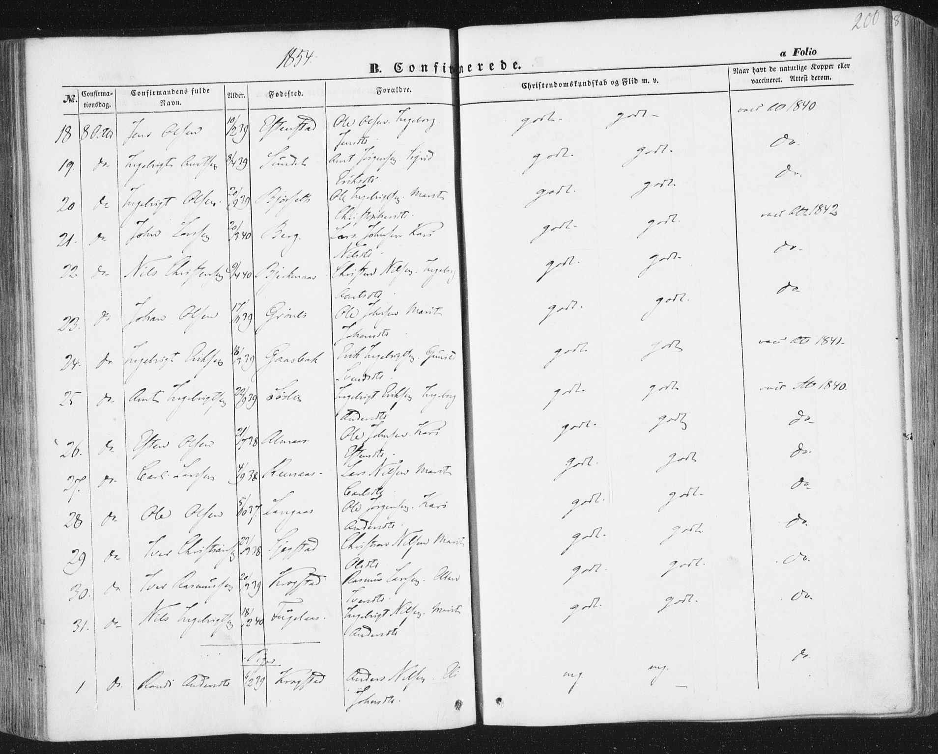 Ministerialprotokoller, klokkerbøker og fødselsregistre - Sør-Trøndelag, AV/SAT-A-1456/691/L1076: Parish register (official) no. 691A08, 1852-1861, p. 200