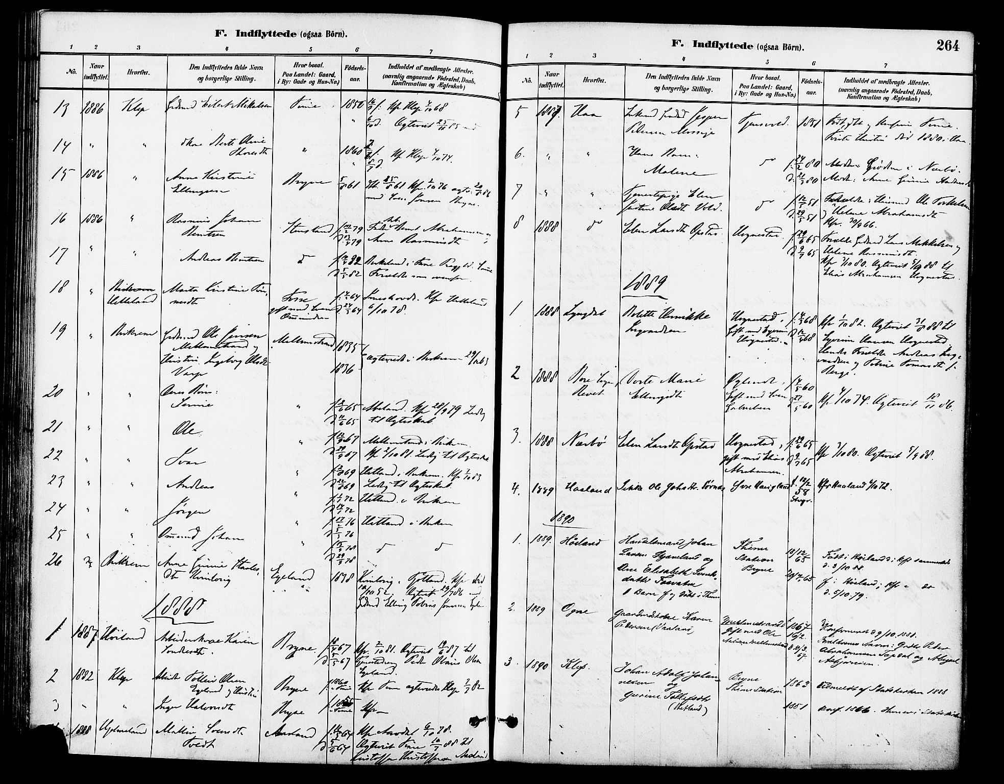 Lye sokneprestkontor, SAST/A-101794/001/30BA/L0009: Parish register (official) no. A 8, 1881-1892, p. 264