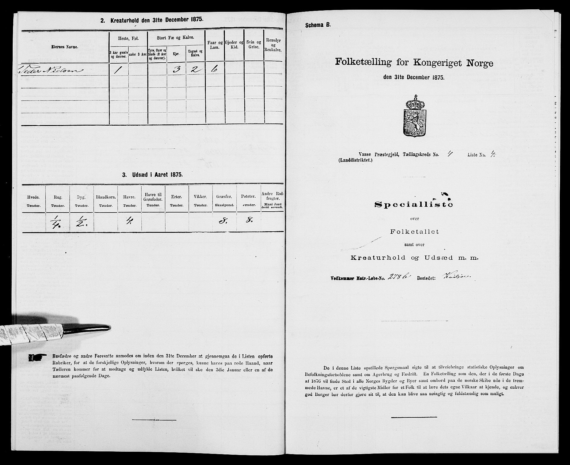 SAK, 1875 census for 1041L Vanse/Vanse og Farsund, 1875, p. 698