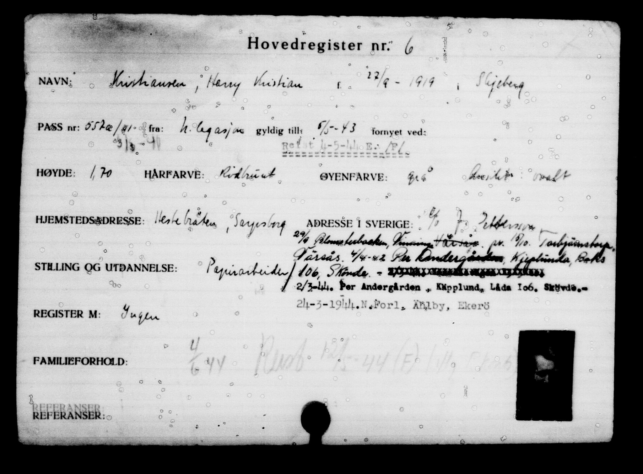 Utenriksstasjonene, Legasjonen i Stockholm, Flyktningkontoret, AV/RA-S-6753/V/Va/L0001: Kjesäterkartoteket, flyktninger med registreringsnr. 1-1000, 1940-1945, p. 8