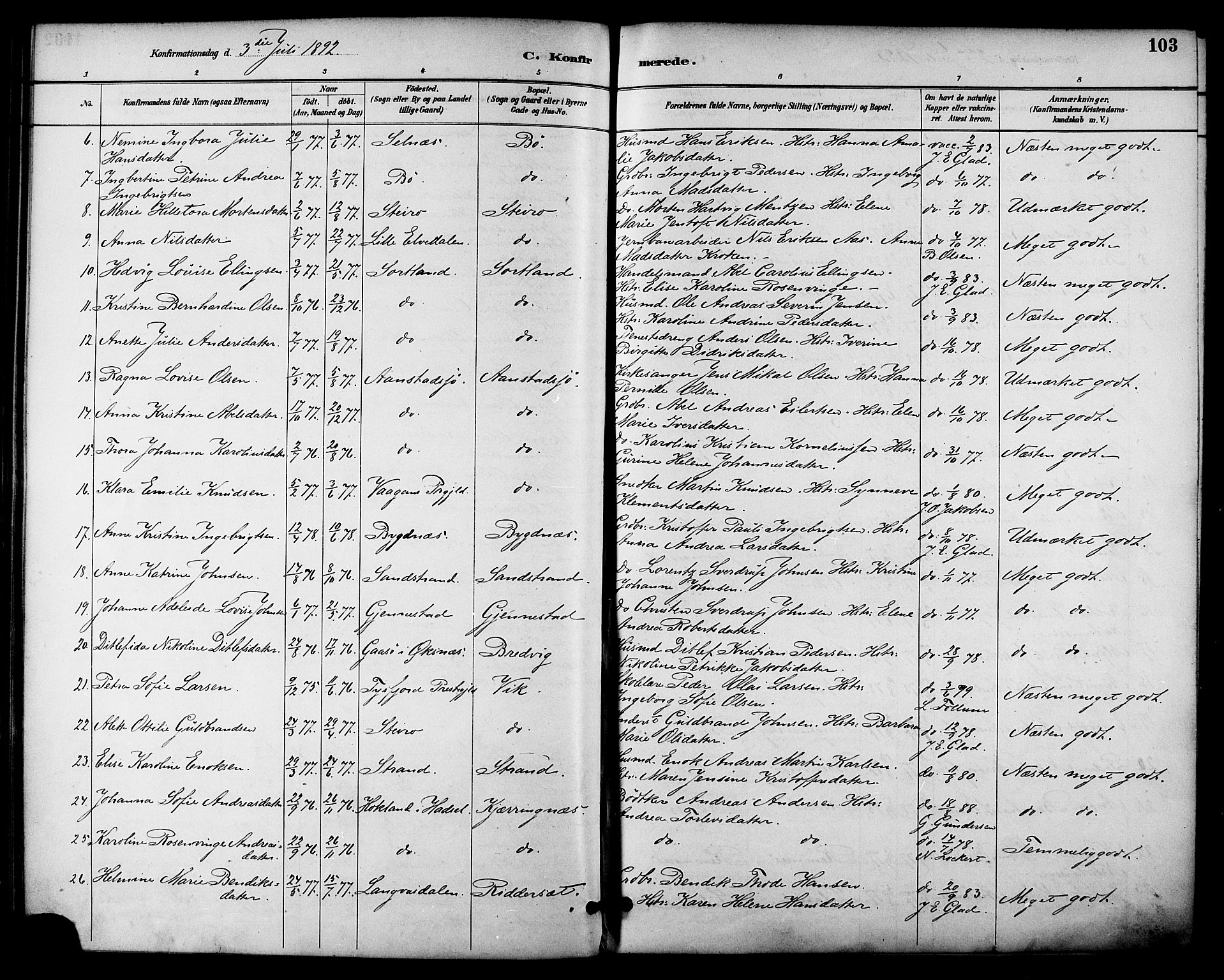 Ministerialprotokoller, klokkerbøker og fødselsregistre - Nordland, AV/SAT-A-1459/895/L1371: Parish register (official) no. 895A06, 1885-1894, p. 103