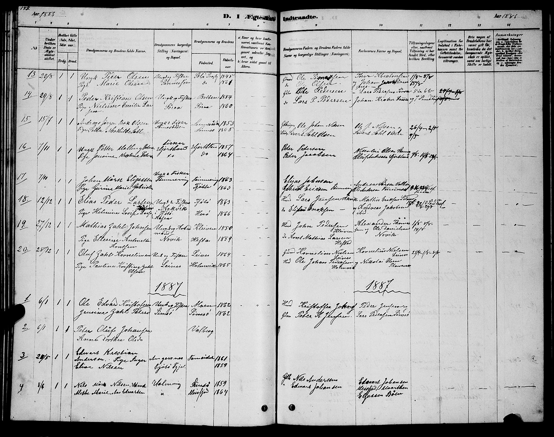 Ministerialprotokoller, klokkerbøker og fødselsregistre - Nordland, AV/SAT-A-1459/831/L0477: Parish register (copy) no. 831C04, 1878-1897, p. 155