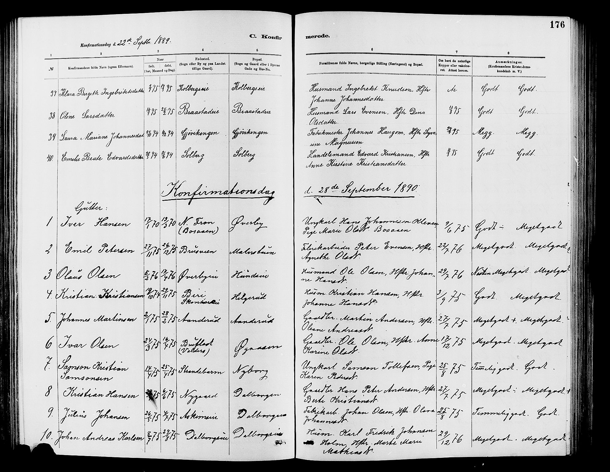 Vardal prestekontor, SAH/PREST-100/H/Ha/Hab/L0007: Parish register (copy) no. 7 /1, 1881-1895, p. 176